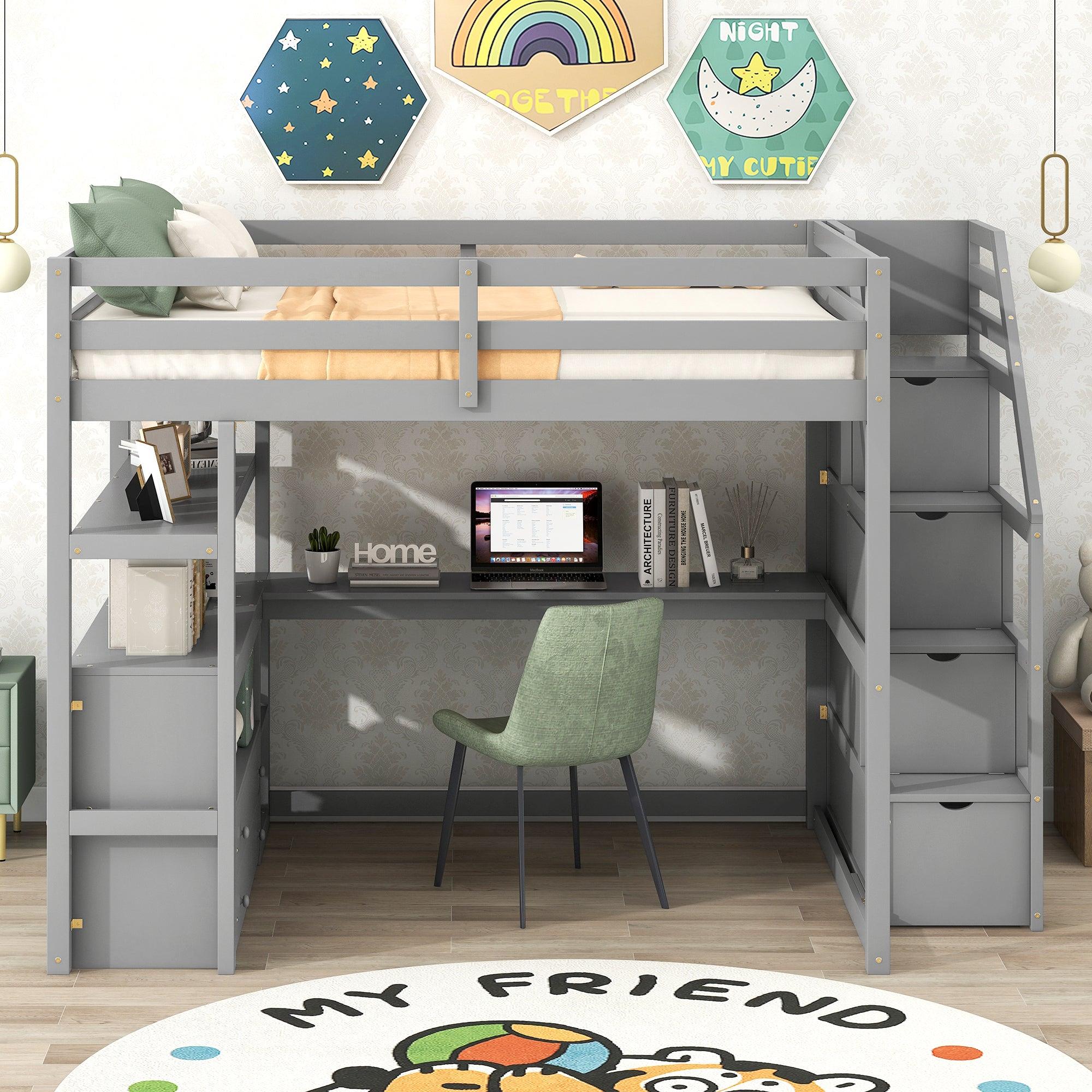 Full Size Loft Bed with Desk and Shelves, Two Built-in Drawers,Storage Staircase, Gray