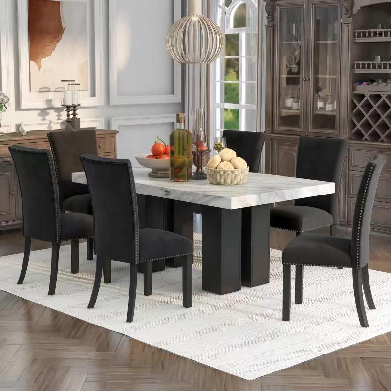 7-piece Dining Table Set with 1 Faux Marble Dining Rectangular Table and 6 Upholstered-Seat Chairs ,for Dining room and Living Room ,Black