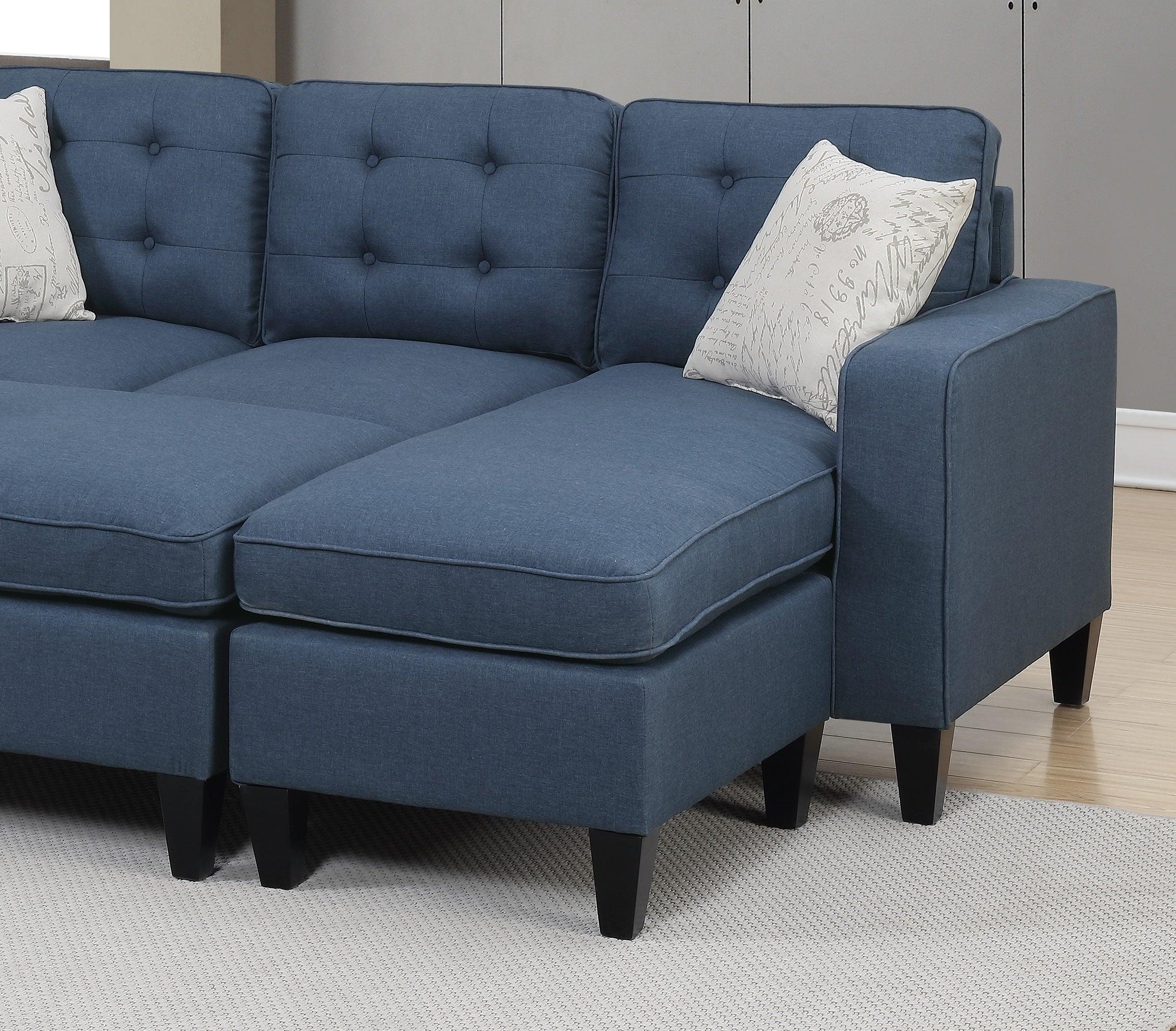 Reversible 3pc Sectional Sofa Set Navy Tufted Polyfiber Wood Legs Chaise Sofa Ottoman Pillows Cushion Couch