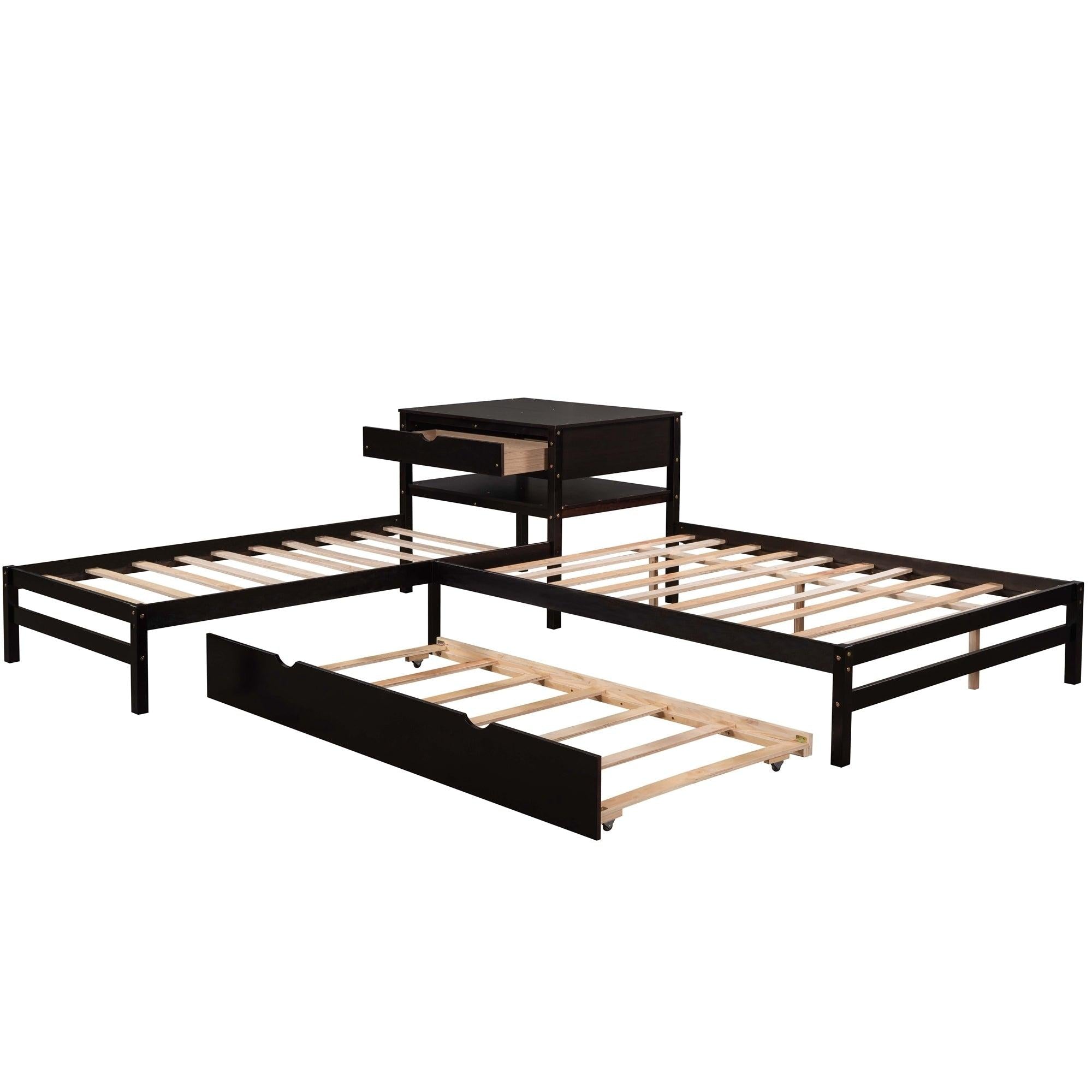 L-Shaped Full Size and Twin Size Platform Beds with Twin Size Trundle and Drawer Linked with Built-in Rectangle Table,Espresso