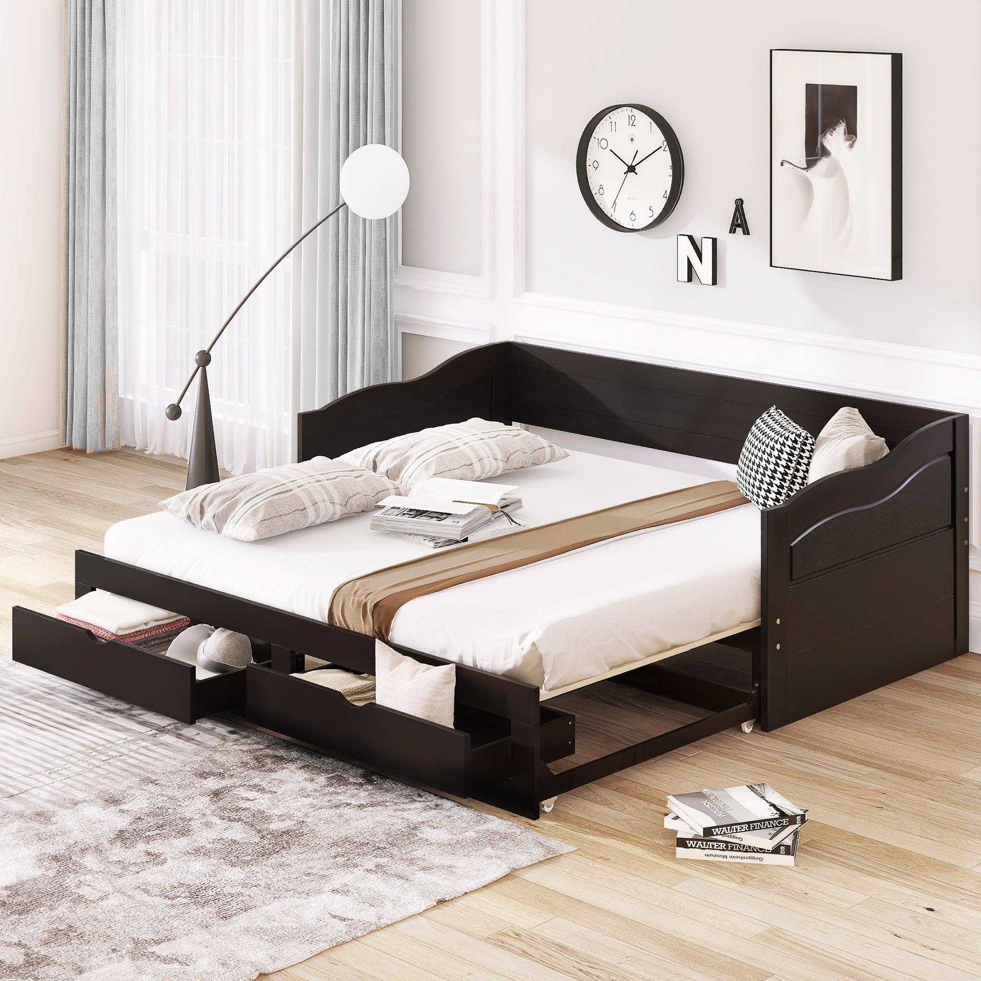 Wooden Daybed with Trundle Bed and TwoStorage Drawers , Extendable Bed Daybed,Sofa Bed with Two Drawers, Espresso