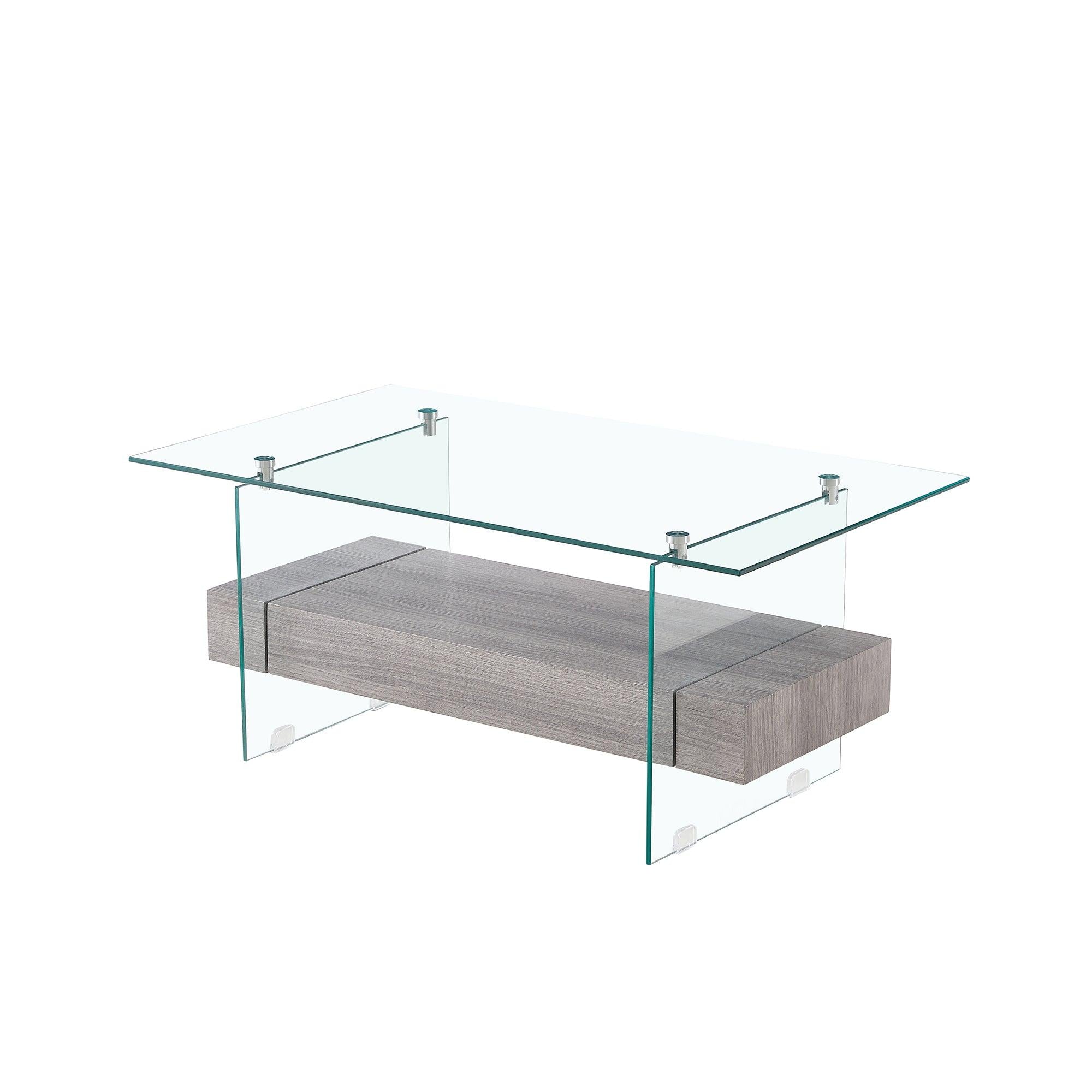 37.8" Tempered Glass Coffee table with Dual Shelves and MDF Drawer, Tea Table for living roon, bedroom，transparent/gray