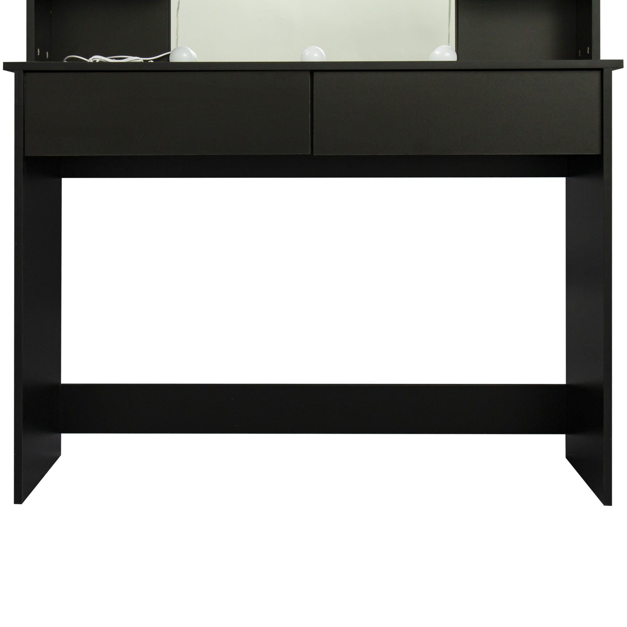 Modern Dressing table with 2 Drawers, 4 open shelves，Rectangular Makeup Table with Mirror, 10-lamp bulb,,42.52*15.75* 52.76inch,for Bedroom, Black