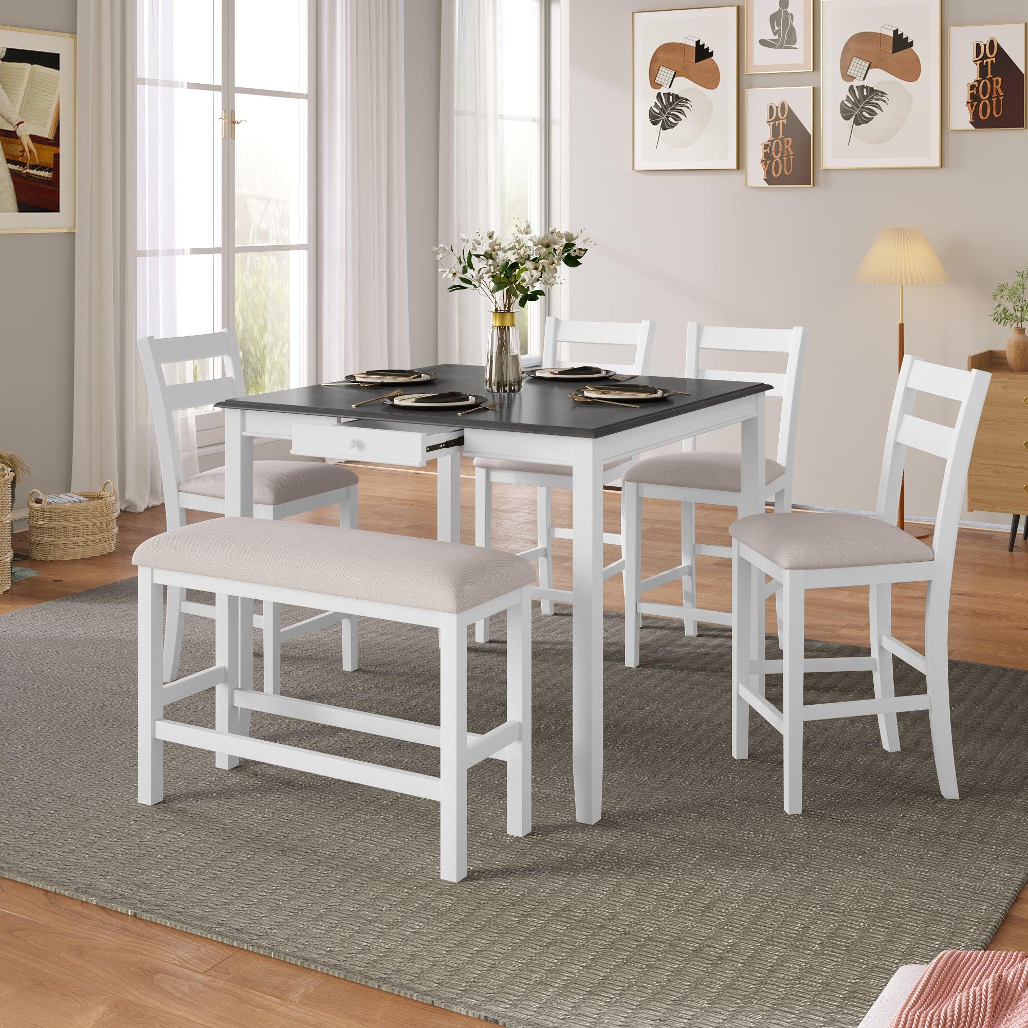 Wood 6-Piece Dining Table Set withStorage Drawer, Counter Height Square Kitchen Set with Upholstered Chair and Bench, White image