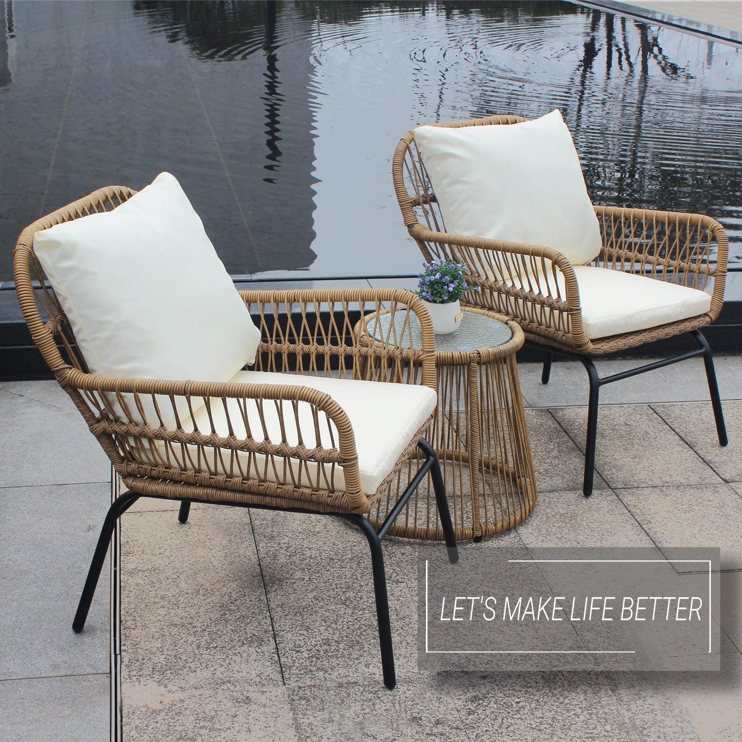 6PCS Outdoor Patio Balcony Natural Color Wicker Sofa Chair Set with Beige Cushion,Round Tempered Glass Table and Furniture Cover