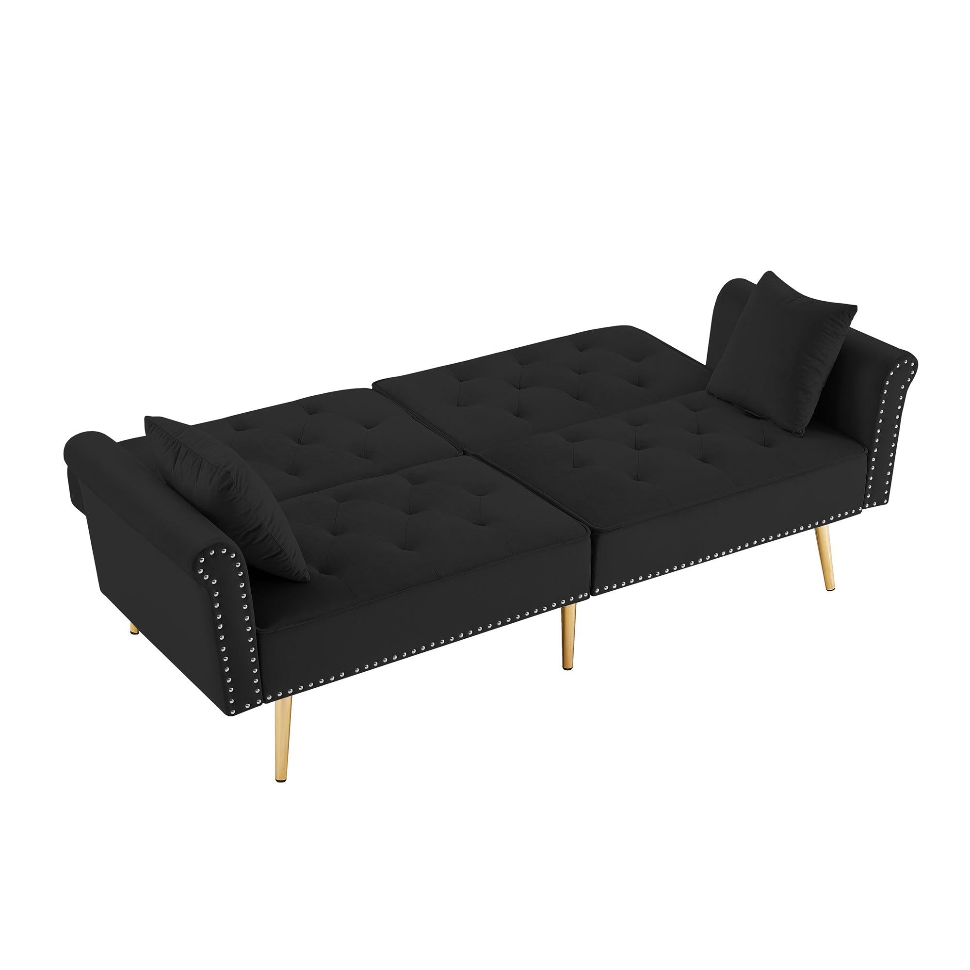 Modern Velvet Tufted Sofa Couch with 2 Pillows and Nailhead Trim, Loveseat Sofa Futon Sofa Bed with Metal Legs  for Living Room.