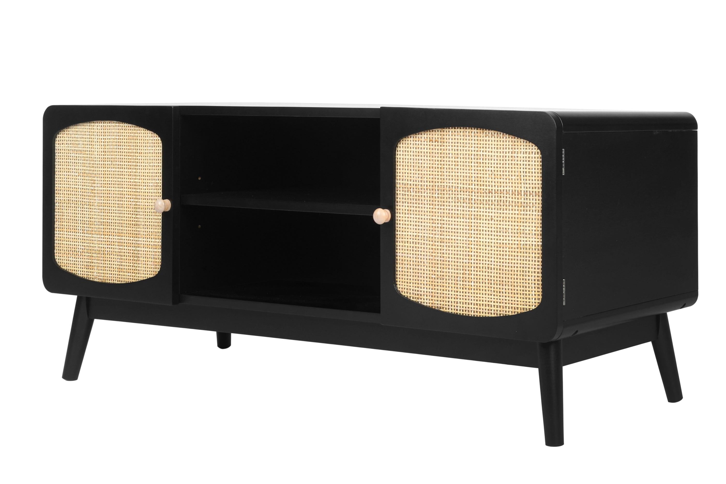 Black TV Console with Rattan Door, Boho TV Stand for Bedroom, Living Room