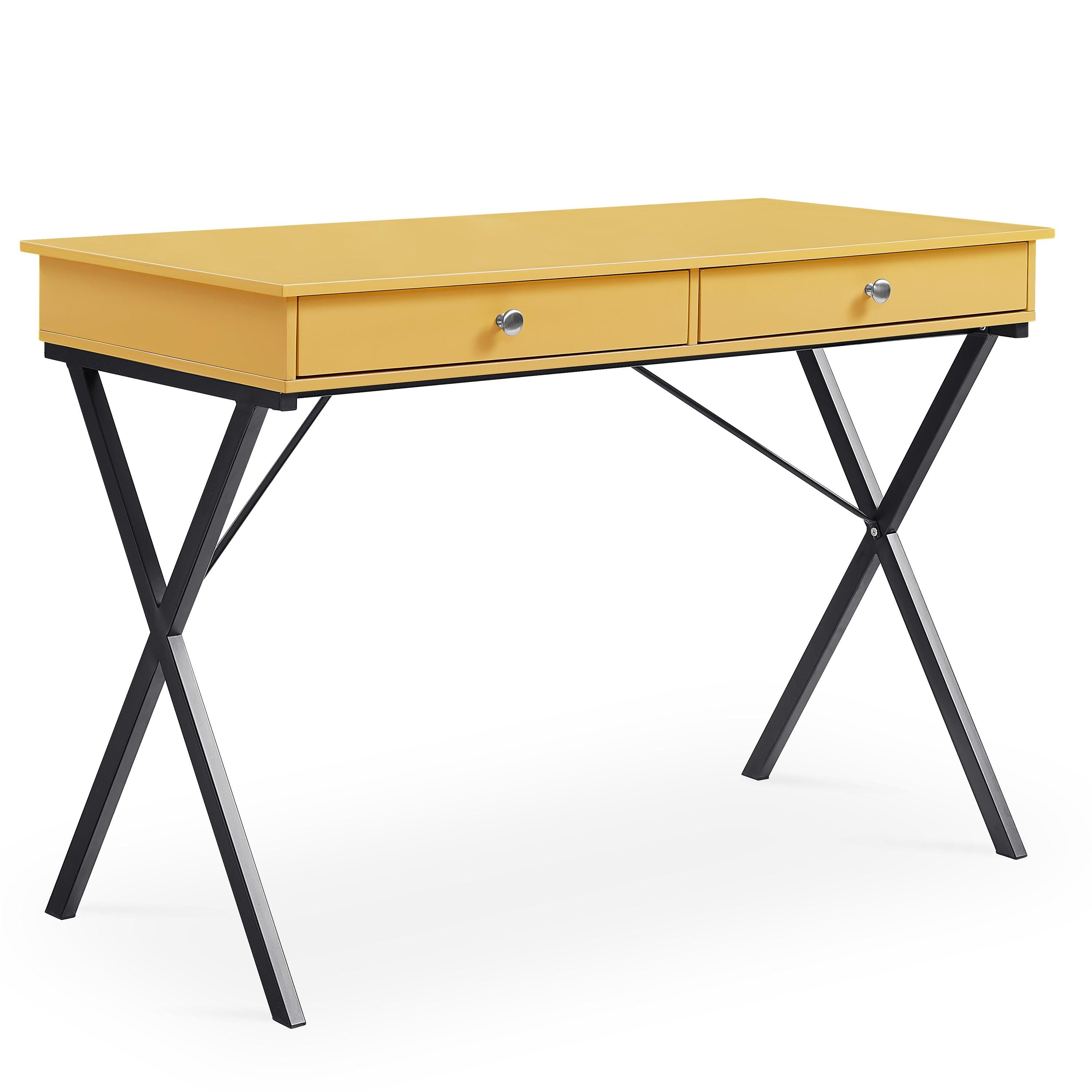 Banana Yello Finish 2 Drawers Writing Desk with Black  Stoving Varnsih Steel Frame，MDF Table Top（42”x20.5“x30”）