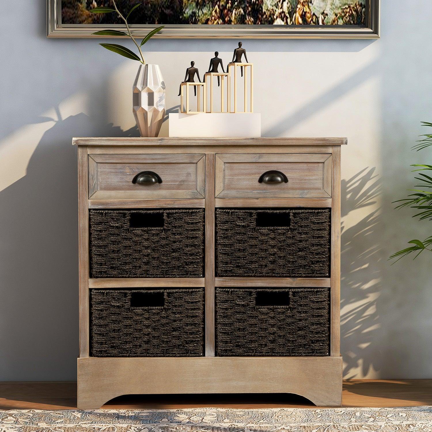 RusticStorage Cabinet with Two Drawers and Four Classic Rattan Basket for Dining Room/Living Room (White Washed) image