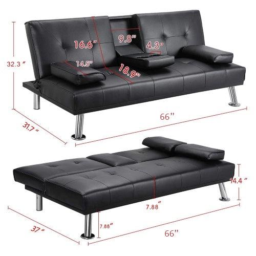 Futon Sofa Bed,Modern Faux Leather Convertible Folding Lounge Sofa for Living Room with 2 Cup Holders Removable Soft Armrests and Sturdy Metal Legs, Charming Black.