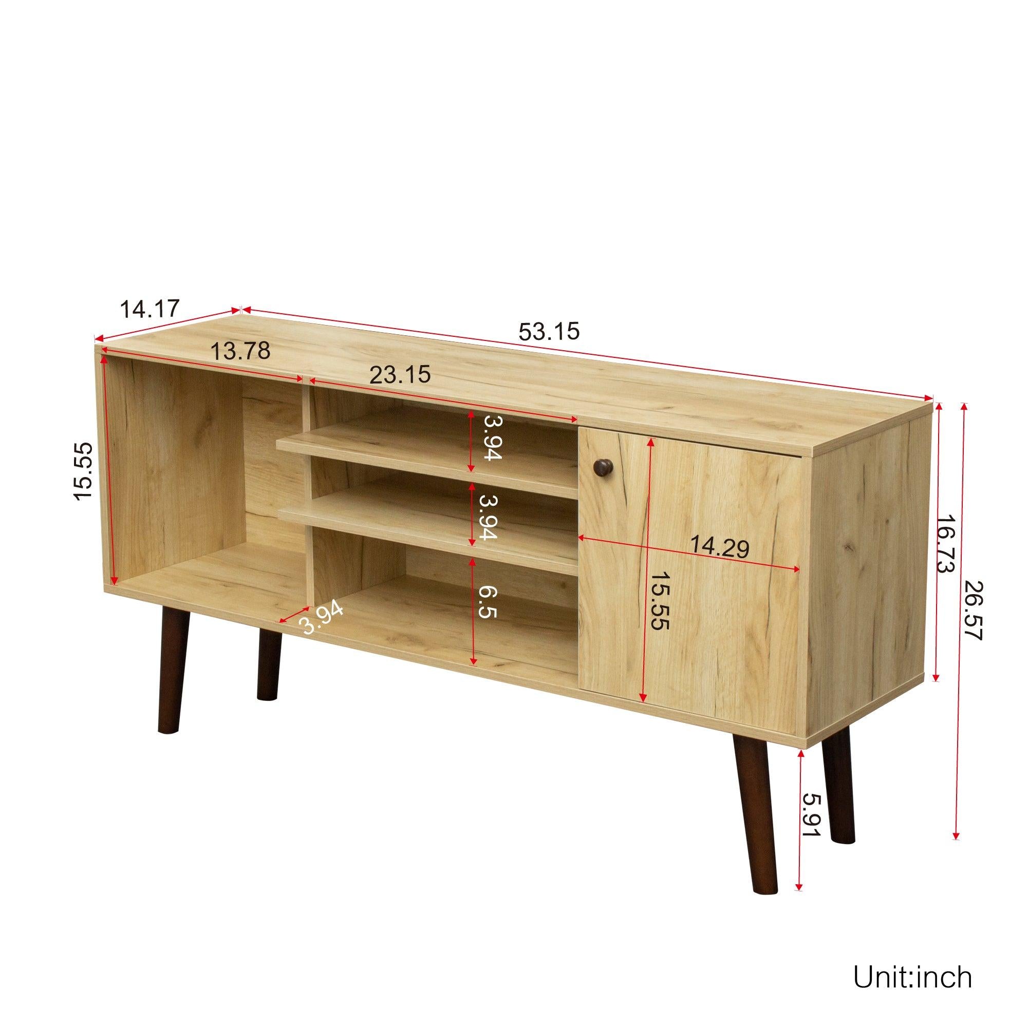 Mid-Century TV Stand for TVs up to 60 Inches, Entertainment Center with OpenStorage Shelves & Cabinet,Modern TV Console for Living Room, Rustic Oak.