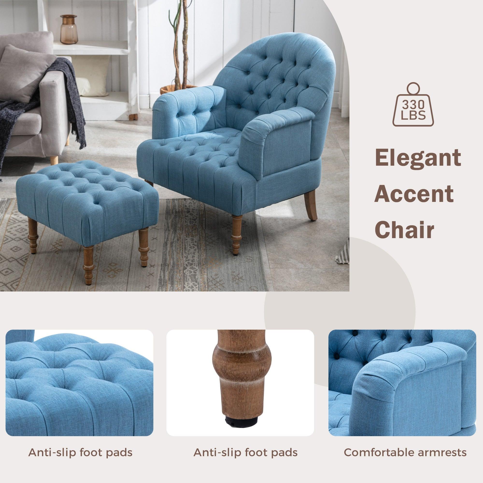 Accent Chair,Button-Tufted Upholstered Chair Set ,Mid CenturyModern Chair with Linen Fabric and Ottoman for Living Room Bedroom Office Lounge,Blue