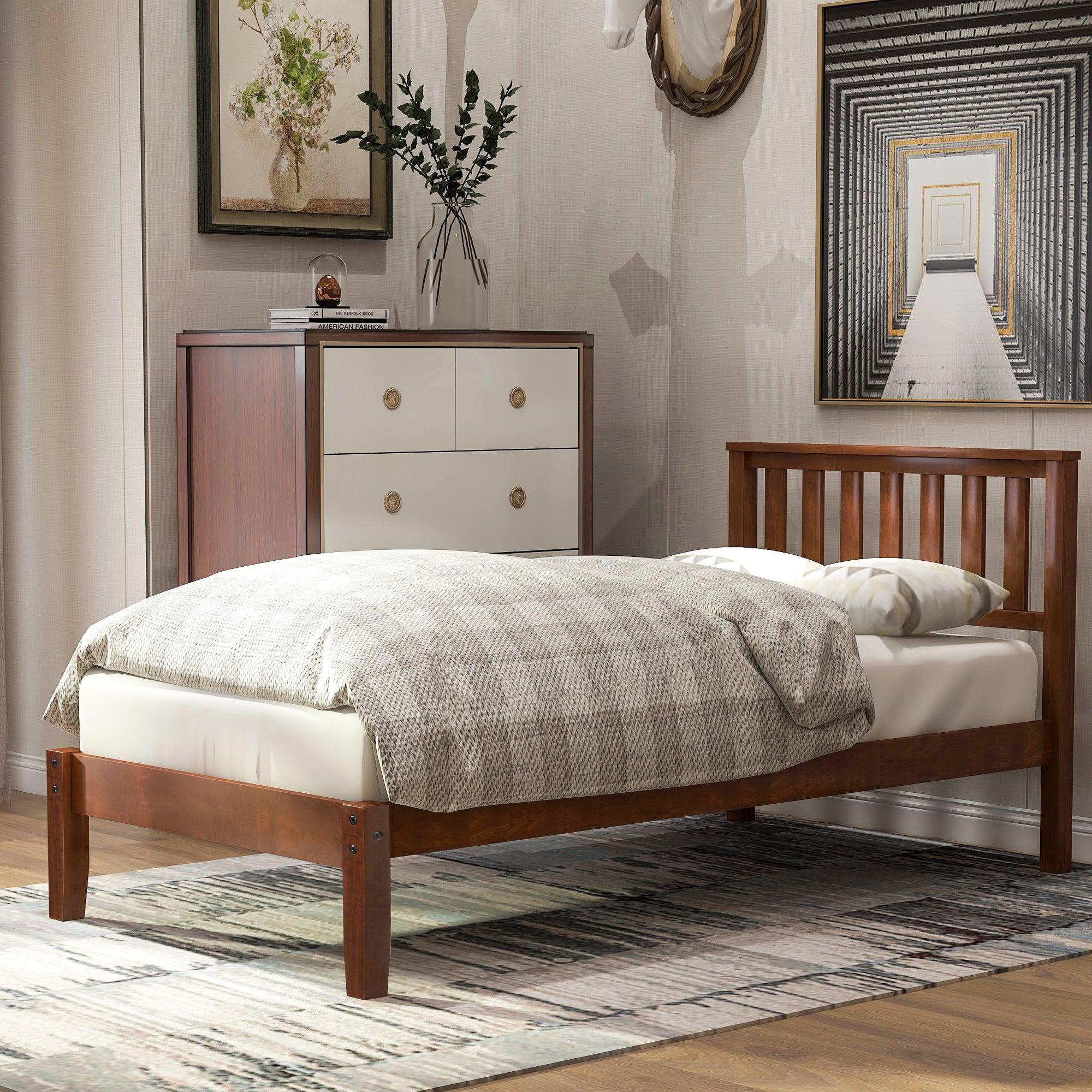 Wood Platform Bed with Headboard/Wood Slat Support，Twin (Walnut) image