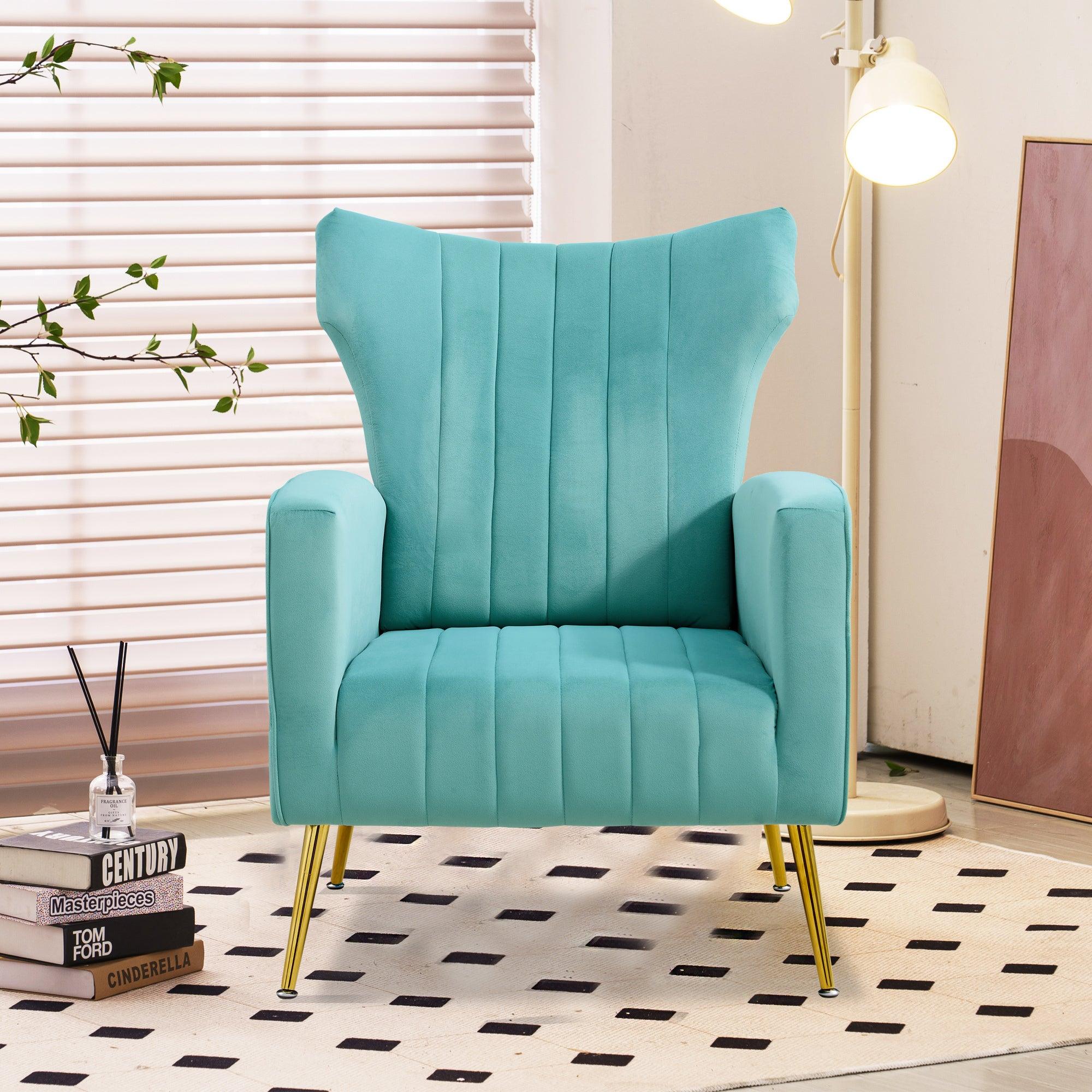 Modern Velvet Accent Chair with Arms, Wingback Reading Chair with Gold Metal Legs, Comfy Upholstered Single Leisure Sofa for Living Room Bedroom Club(Velvet+Blue)