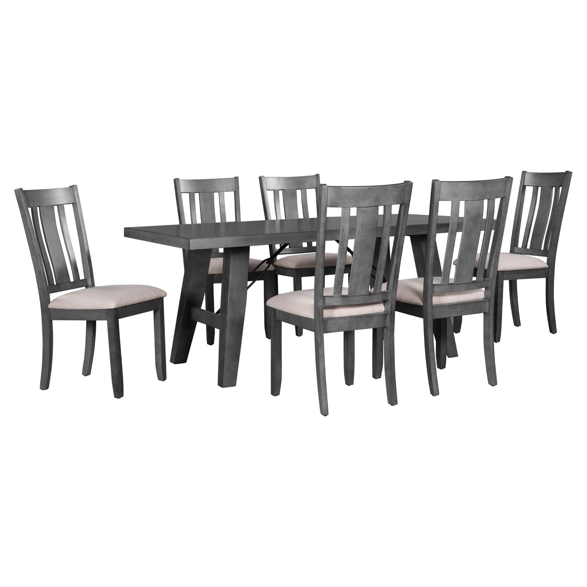 7-Piece Dining Room Set - 72" Industrial Style Rectangular Table with Chain Bracket and 6 Dining Chairs (Gray)