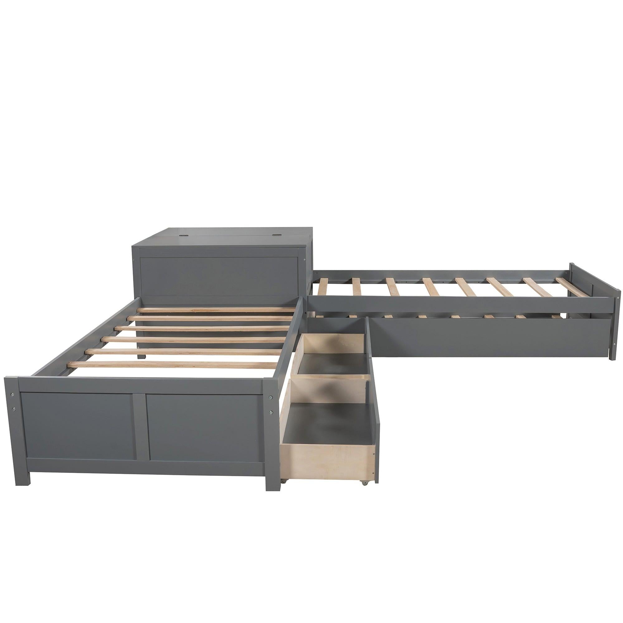 L-shaped Platform Bed with Trundle and Drawers Linked with built-in Flip Square Table,Twin,Gray