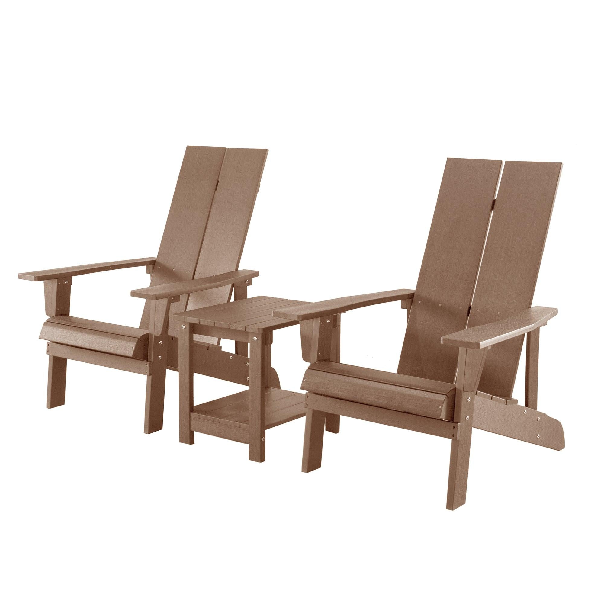 Key West 3 Piece Outdoor Patio All-Weather Plastic Wood Adirondack Bistro Set, 2 Adirondack chairs, and 1 small, side, end table set for Deck, Backyards, Garden, Lawns, Poolside, and Beaches, Brown