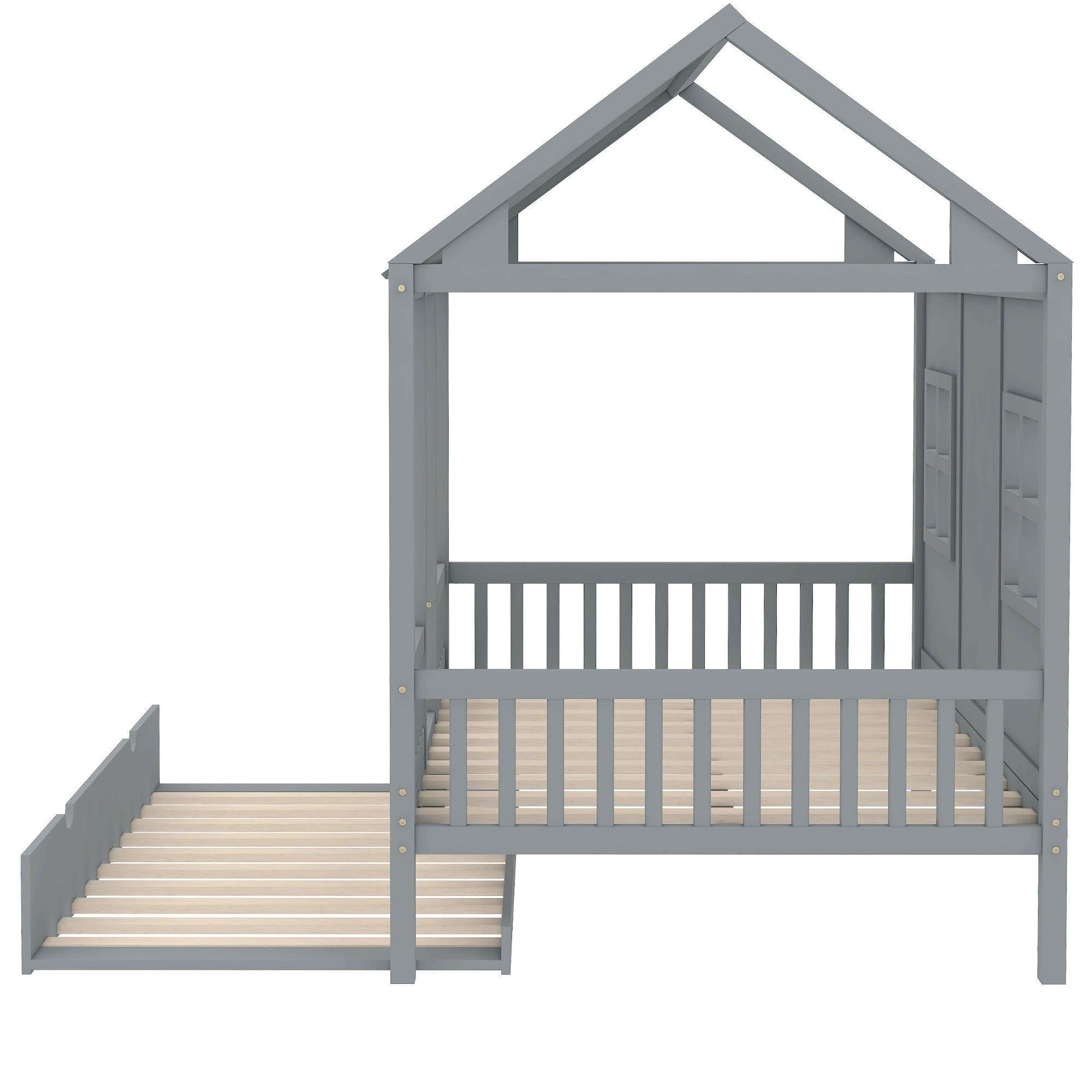 Full Size Wood House Bed With Twin Size Trundle, Wooden Daybed, Gray