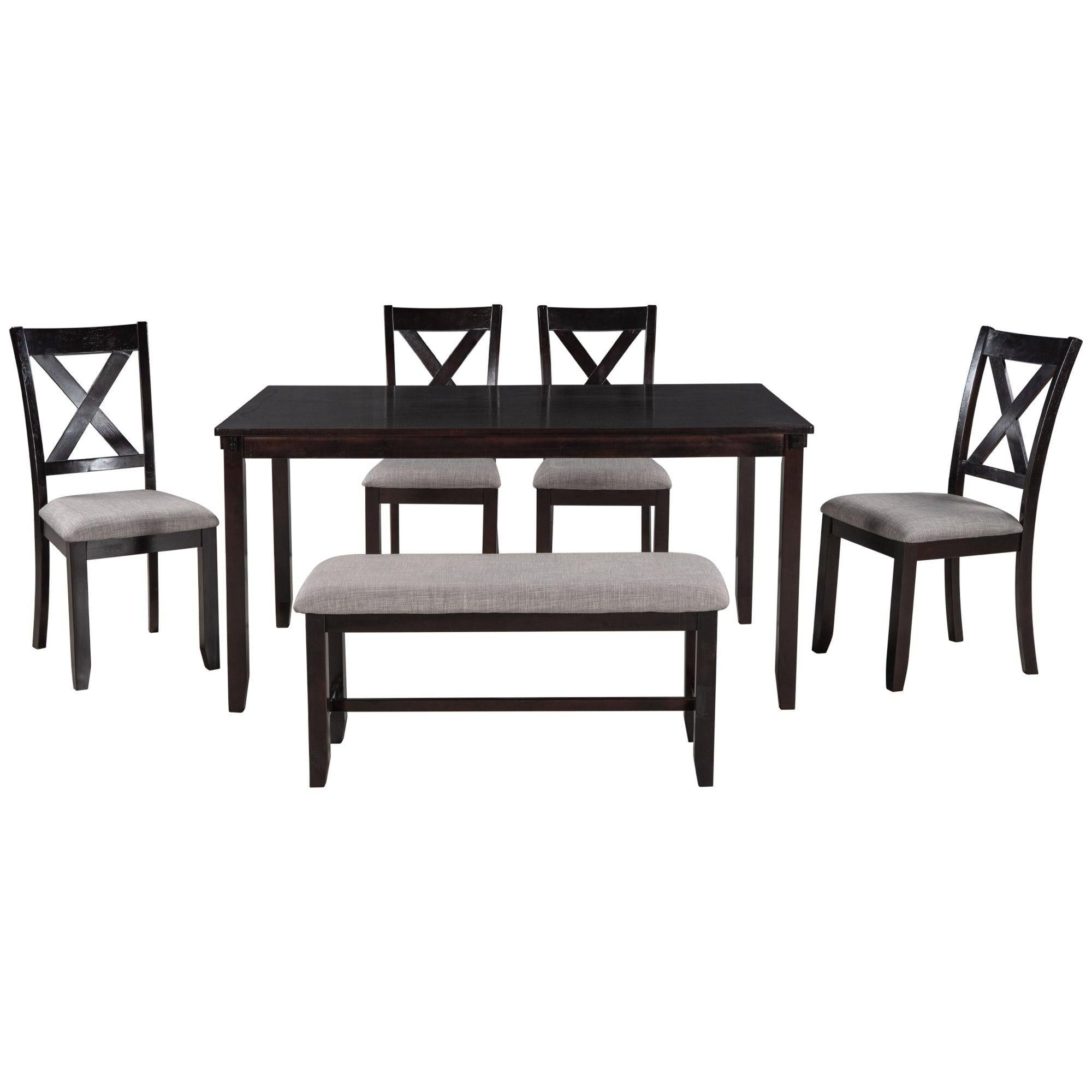 6-Piece Kitchen Dining Table Set Wooden Rectangular Dining Table, 4 Fabric Chairs and Bench Family Furniture (Espresso)