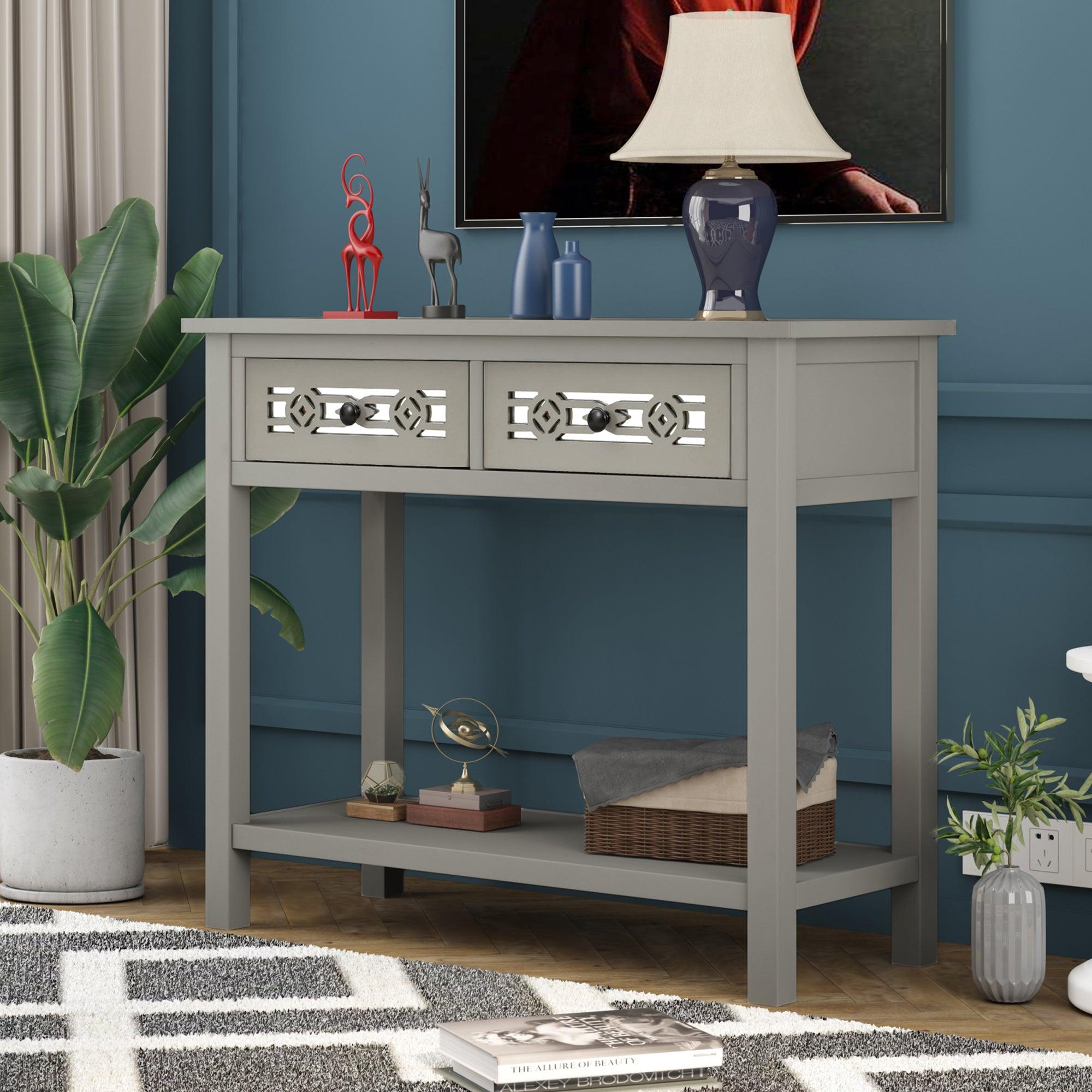 Classic Console Table with Hollow-out Decoration Two Top Drawers and Open Shelf LargeStorage Space (Silver)