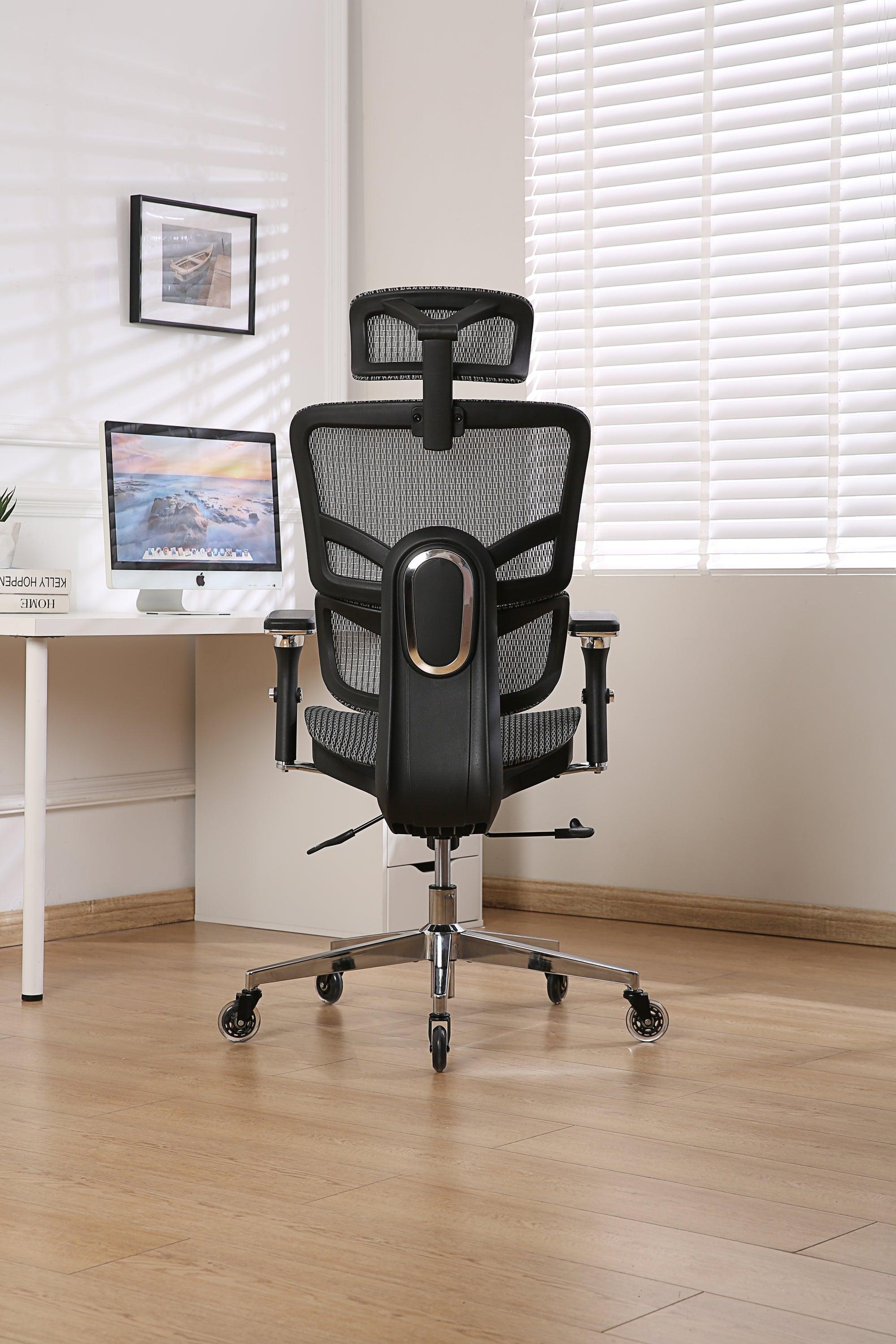 Multifunctional Mesh Office Chair - Adjustable Backrest Height, 4D Arms, Lumbar Support, Headrest and Tilt Angle - Metal Base Quiet Rubber Wheels Ergonomic High Back Computer Desk Chair (Grey)