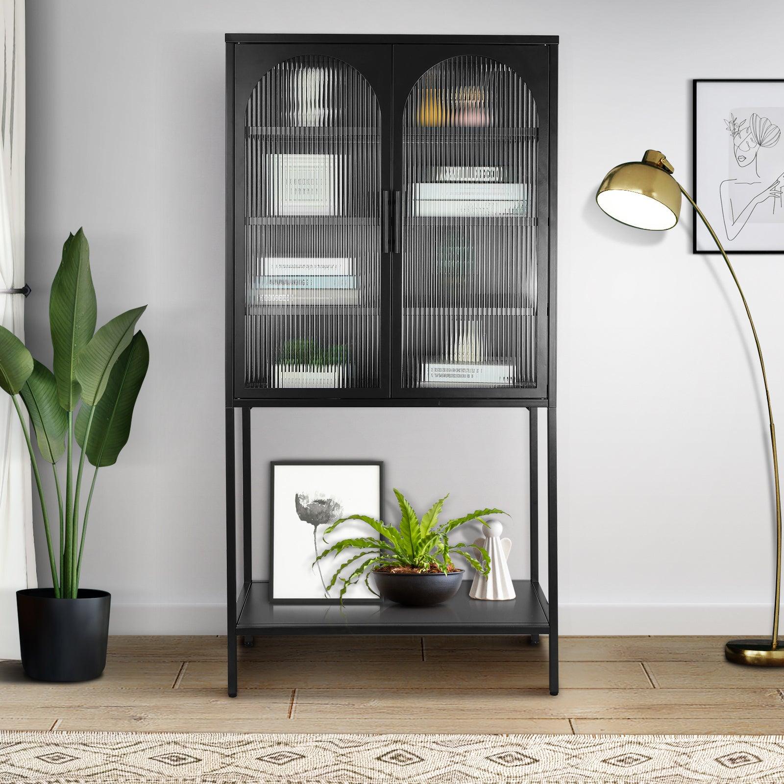 Stylish Tempered Glass TallStorage Cabinet with 2 Arched Doors Adjustable Shelves and open bottom shelf ,Feet Anti-Tip Dust-free Fluted Glass Kitchen Credenza Black Color