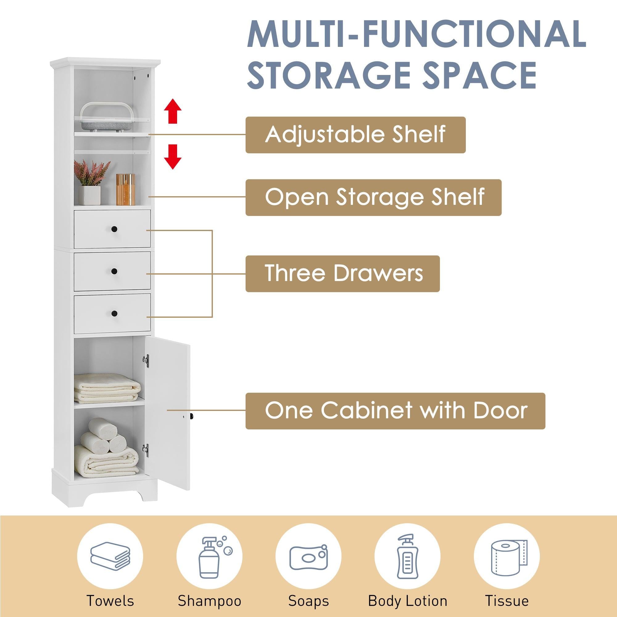 White Tall Bathroom Cabinet, FreestandingStorage Cabinet with 3 Drawers and Adjustable Shelf, MDF Board with Painted Finish