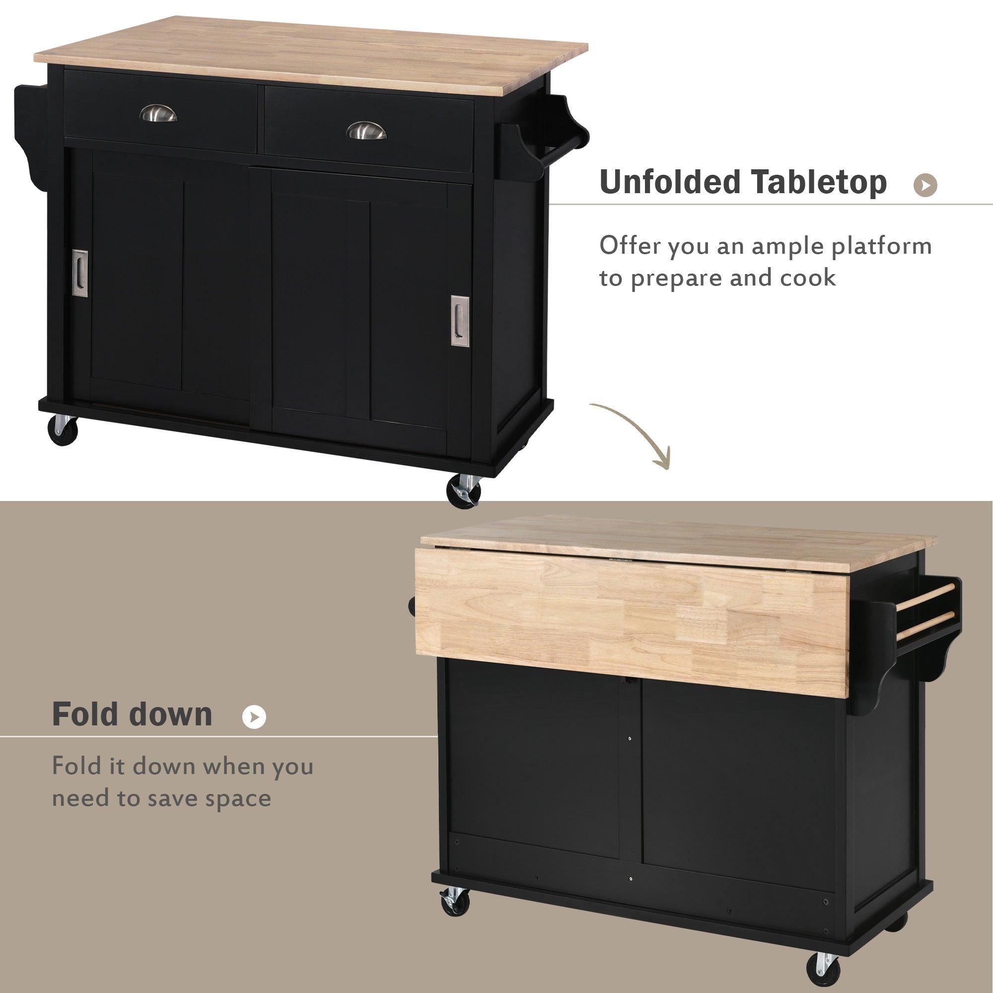 Kitchen Cart with Rubber wood Drop-Leaf Countertop, Concealed sliding barn door adjustable height,Kitchen Island on 4 Wheels withStorage Cabinet and 2 Drawers,L52.2xW30.5xH36.6 inch, Black