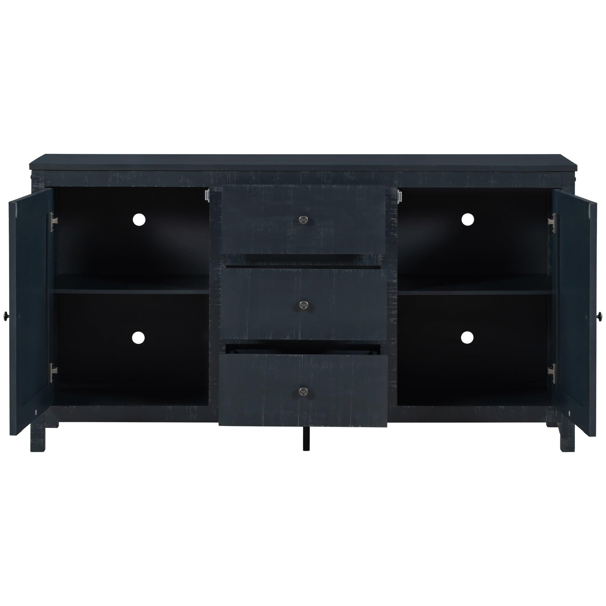 Retro Solid Wood Buffet Cabinet with 2Storage Cabinets, Adjustable Shelves and 3 Drawers for Living Room (Antique Black)