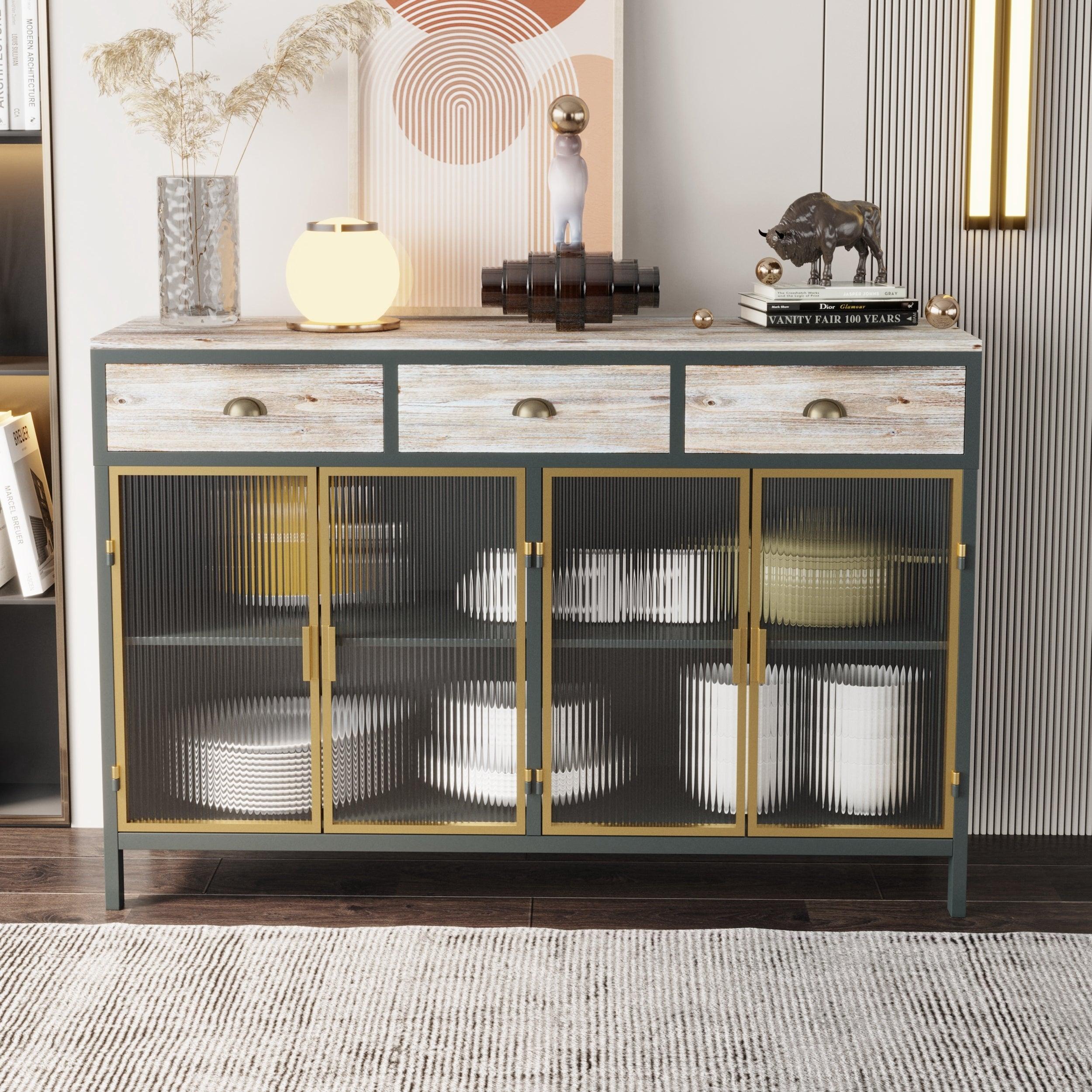 48"  Wide 4 Glass DoorsModern Sideboard with 3 Top Drawers, Freestanding SideboardStorage Cabinet Entryway Floor Cabinet for Living Room Office Bedroom image