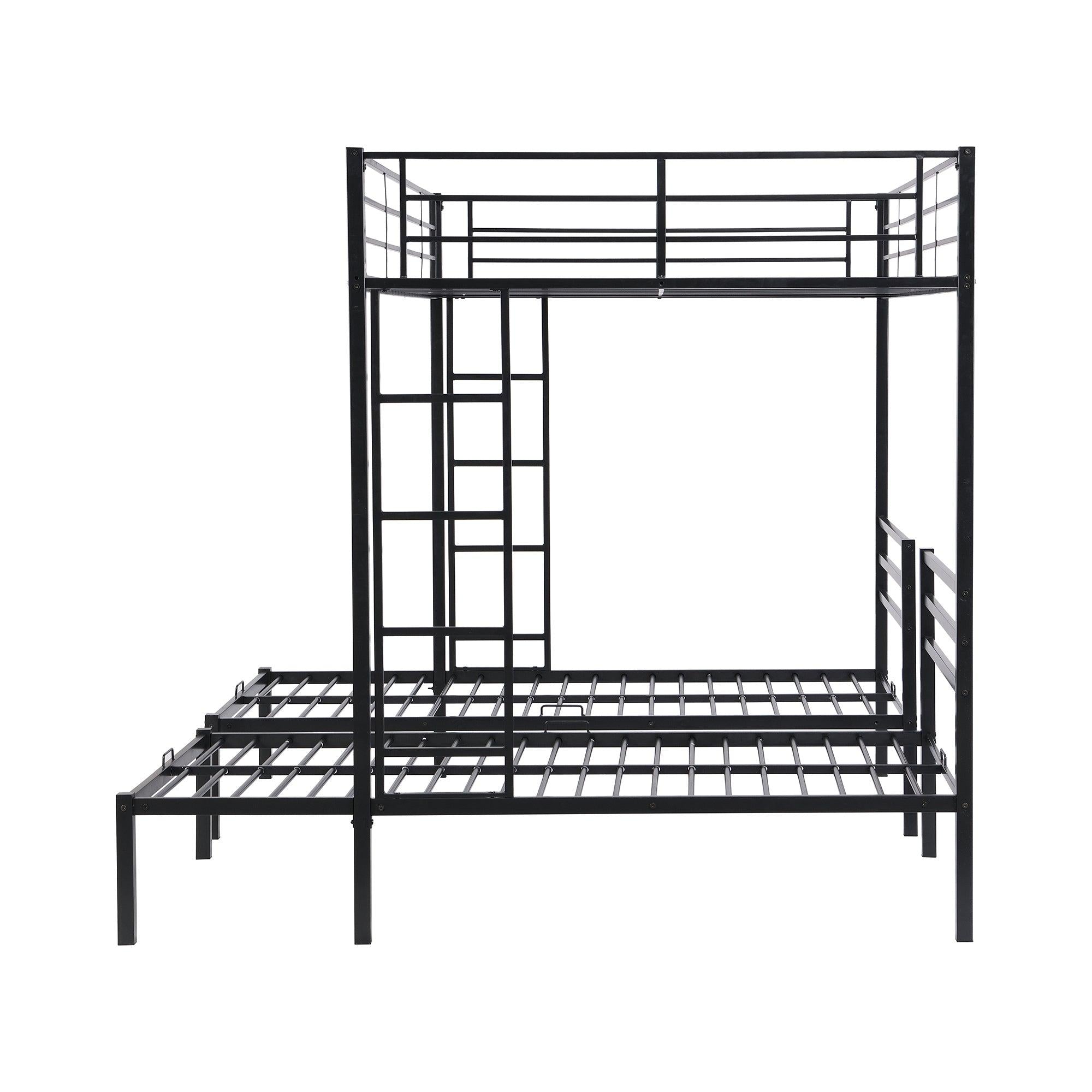 Full over Twin&Twin Size Bunk Bed with Built-in Shelf, Black