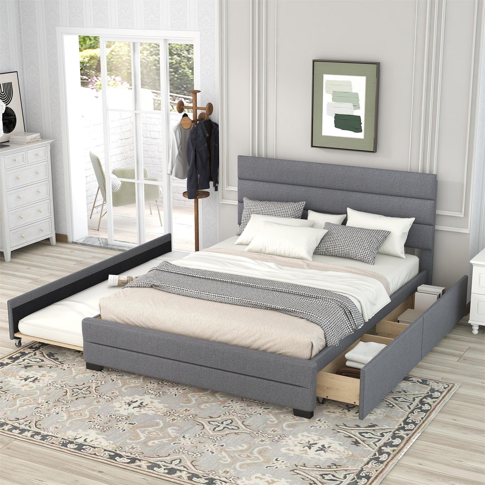 Queen Upholstered Platform Bed with Twin Size Trundle and Two Drawers,Grey image