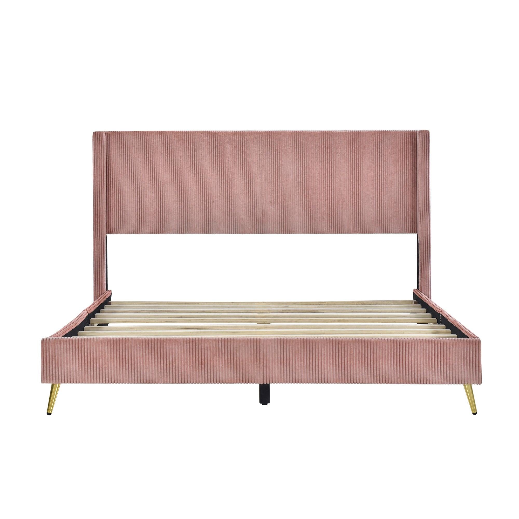 Queen Size Corduroy Platform Bed with Metal Legs, Pink