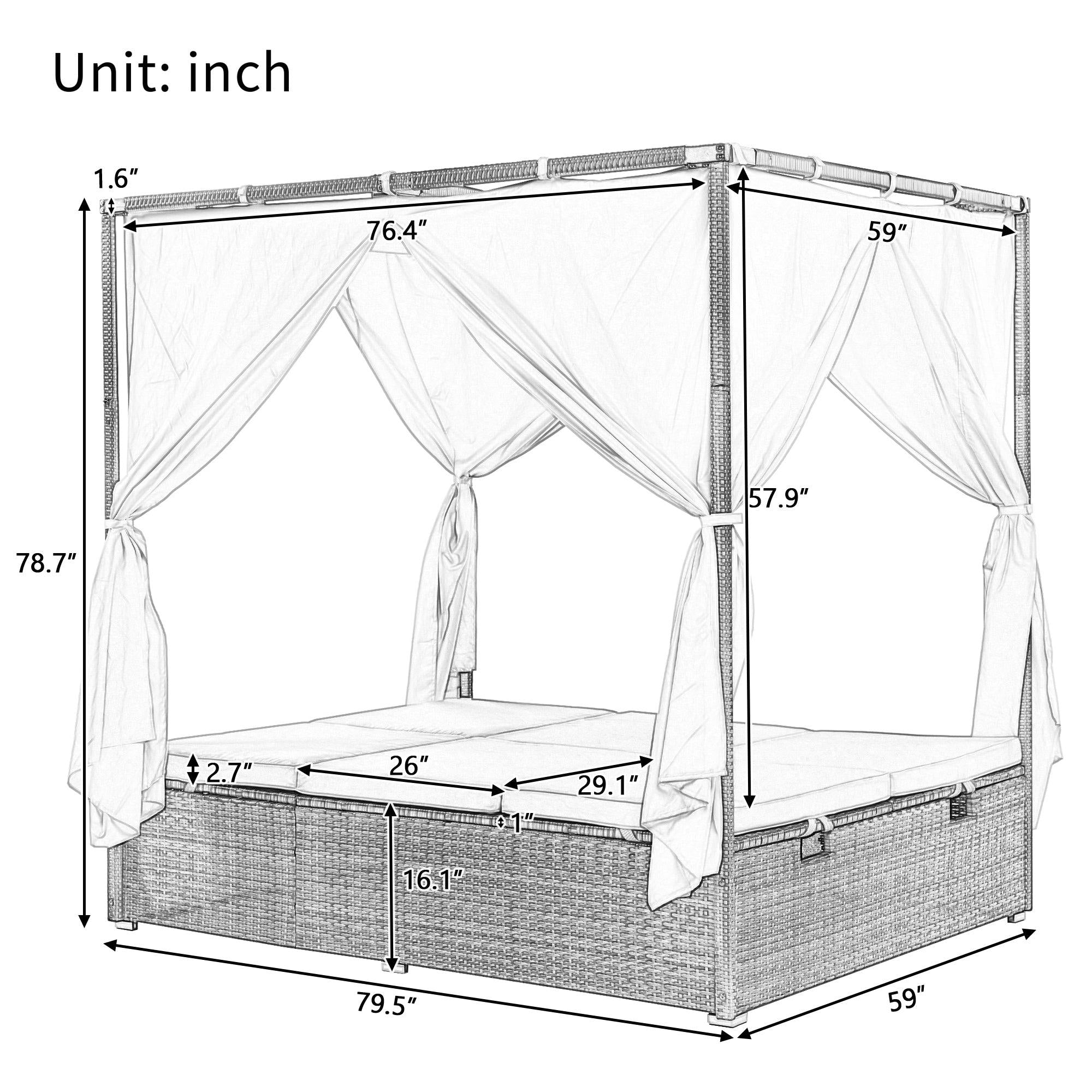 Adjustable Sun Bed With Beige Curtain and Orange Cushion