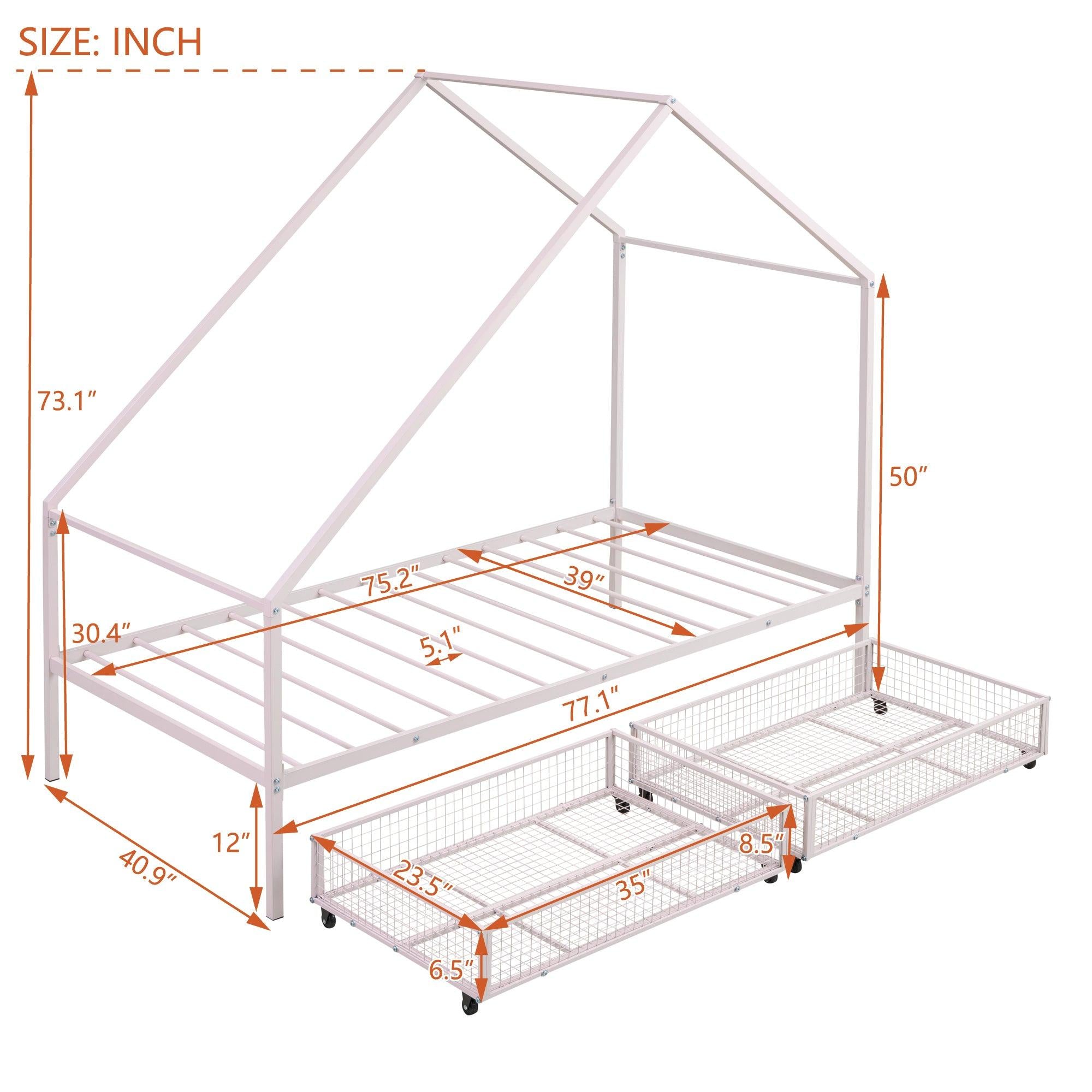 Twin Size Metal House Bed with TwoStorage Drawers, Pink