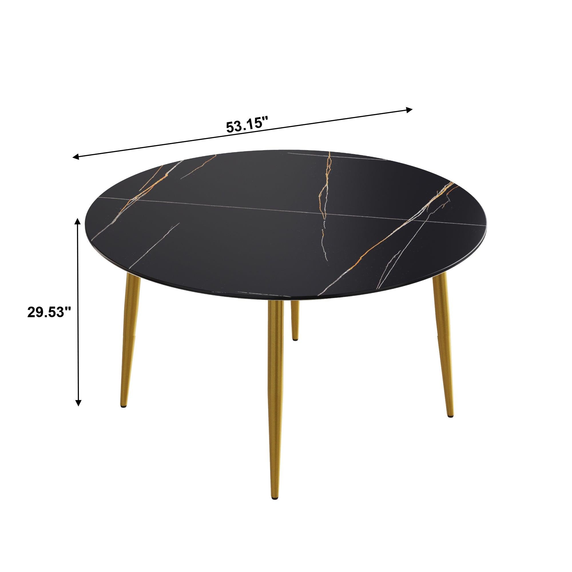 53.15 "Modern artificial stone black round dining table with golden metal legs-can accommodate 6 people.