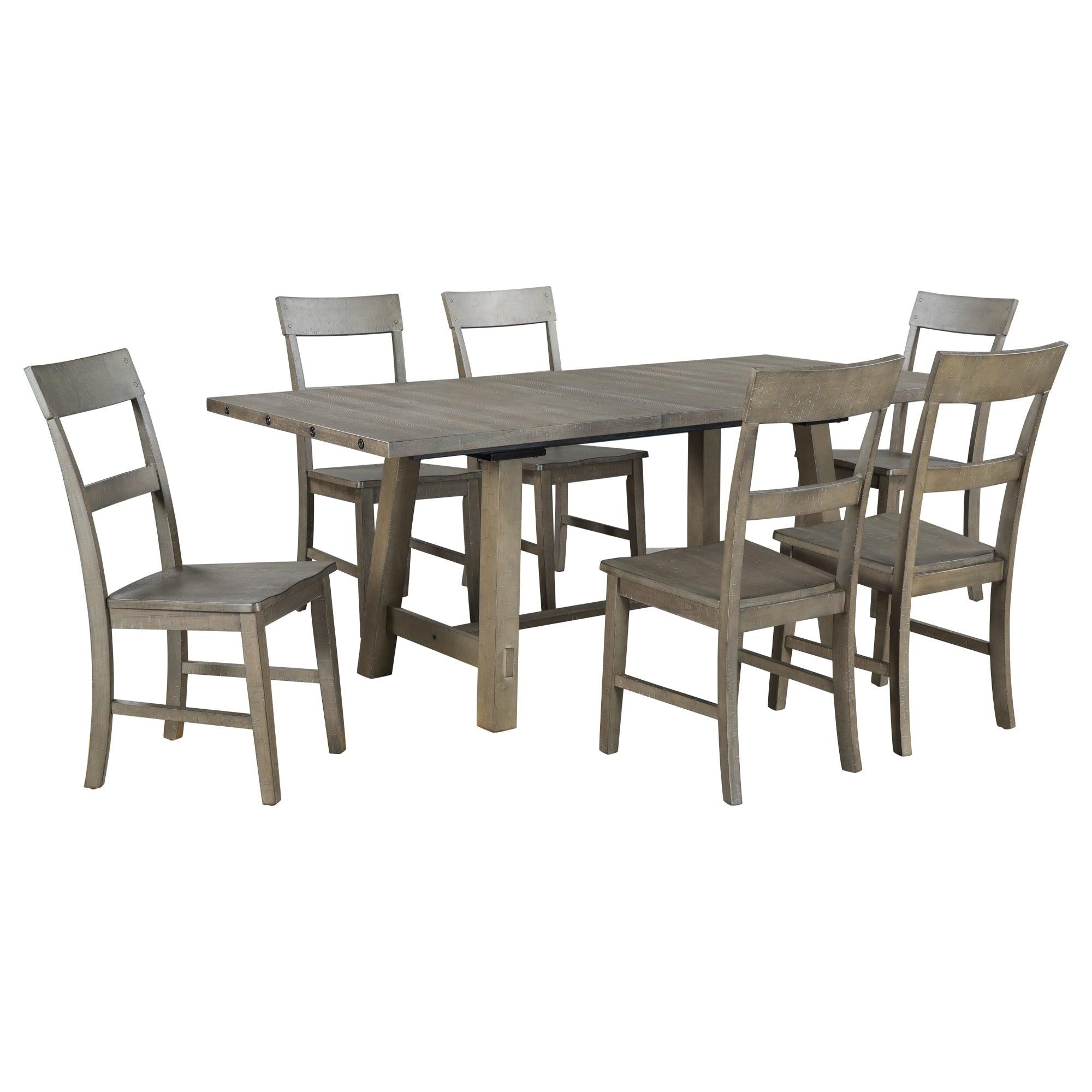 Retro Industrial Style 7-Piece Dining Table Set Extendable Table with 18” Leaf and Six Wood Chairs 
(Gray)