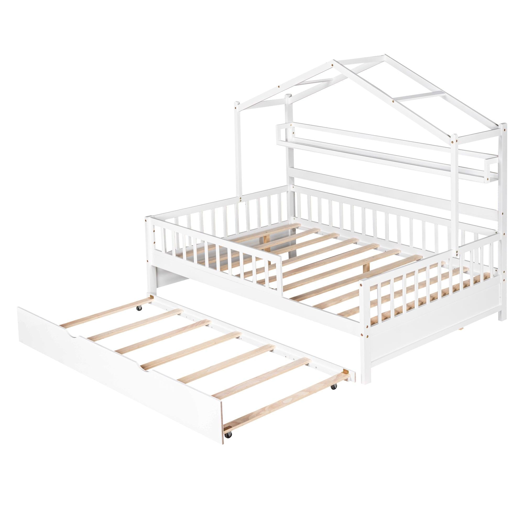 Wooden Full Size House Bed with Twin Size Trundle,Kids Bed with Shelf, White