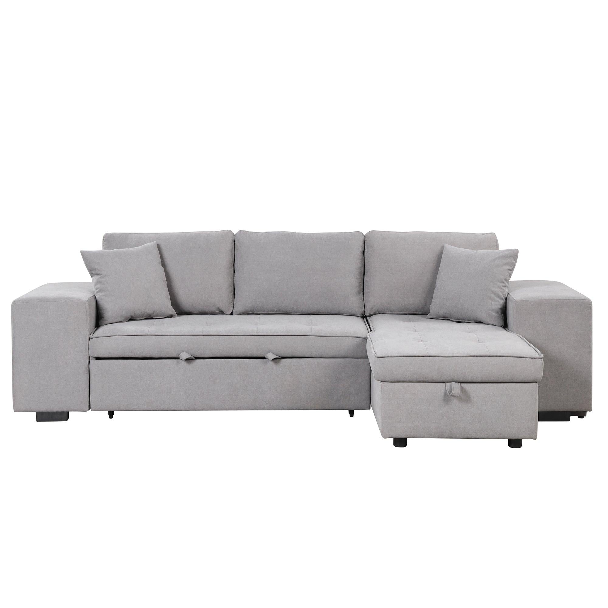 104" Pull Out Sleeper Sofa Reversible L-Shape 3 Seat Sectional Couch withStorage Chaise and 2 Stools for Living Room Furniture Set,Gray