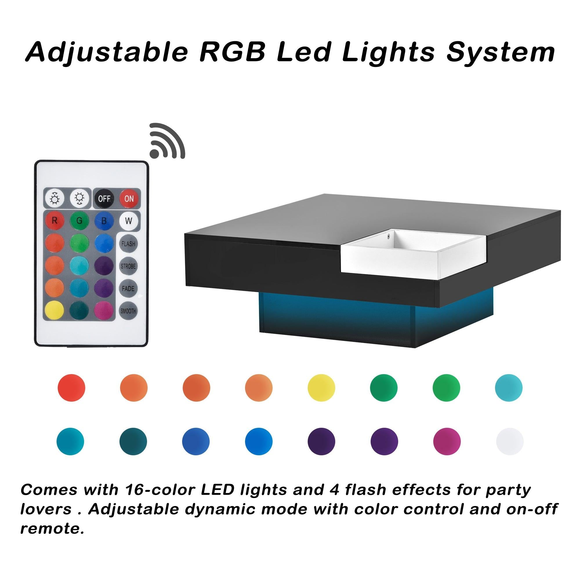 Modern Minimalist Design 31.5*31.5in Square Coffee Table with Detachable Tray and Plug-in 16-color LED Strip Lights Remote Control for Living Room