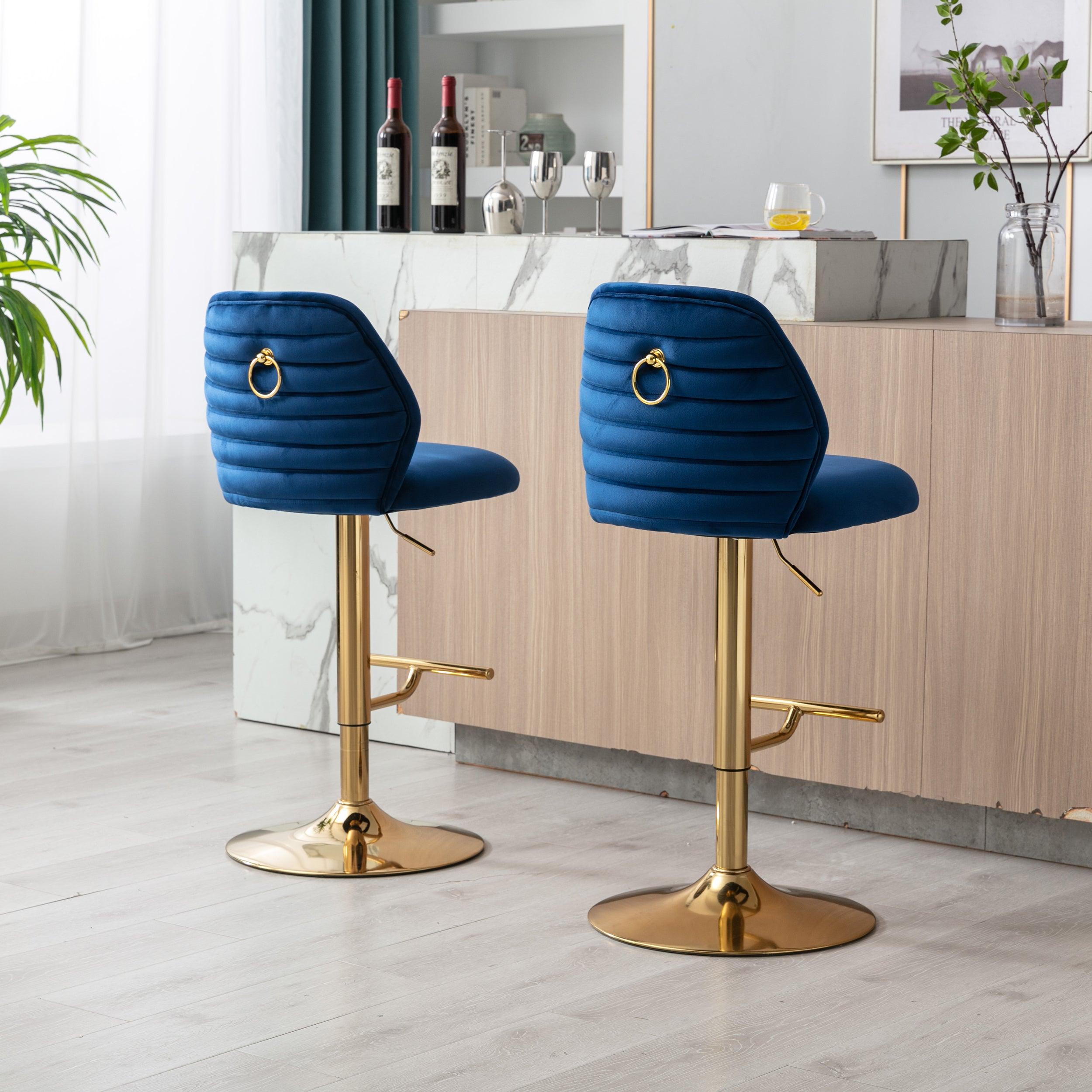 Swivel Bar Stools Chair Set of 2Modern Adjustable Counter Height Bar Stools, Velvet Upholstered Stool with Tufted High Back & Ring Pull for Kitchen , Chrome Golden Base,Blue