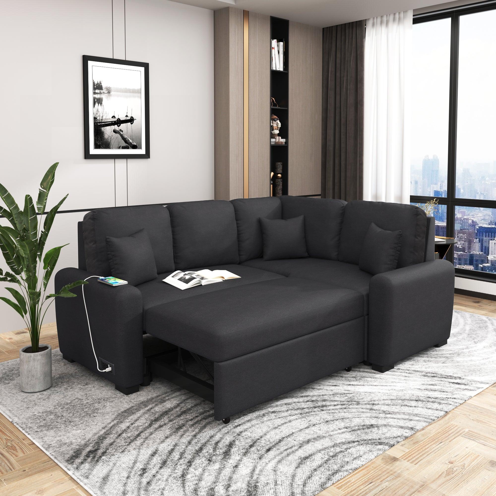 76.7"Sectional Sleeper Sofa with USB Charging Port and Plug Outlet,Pull-Out Sofa Bed with 3 Pillows, L-Shape Chaise for Living Room Small Apartment,Black