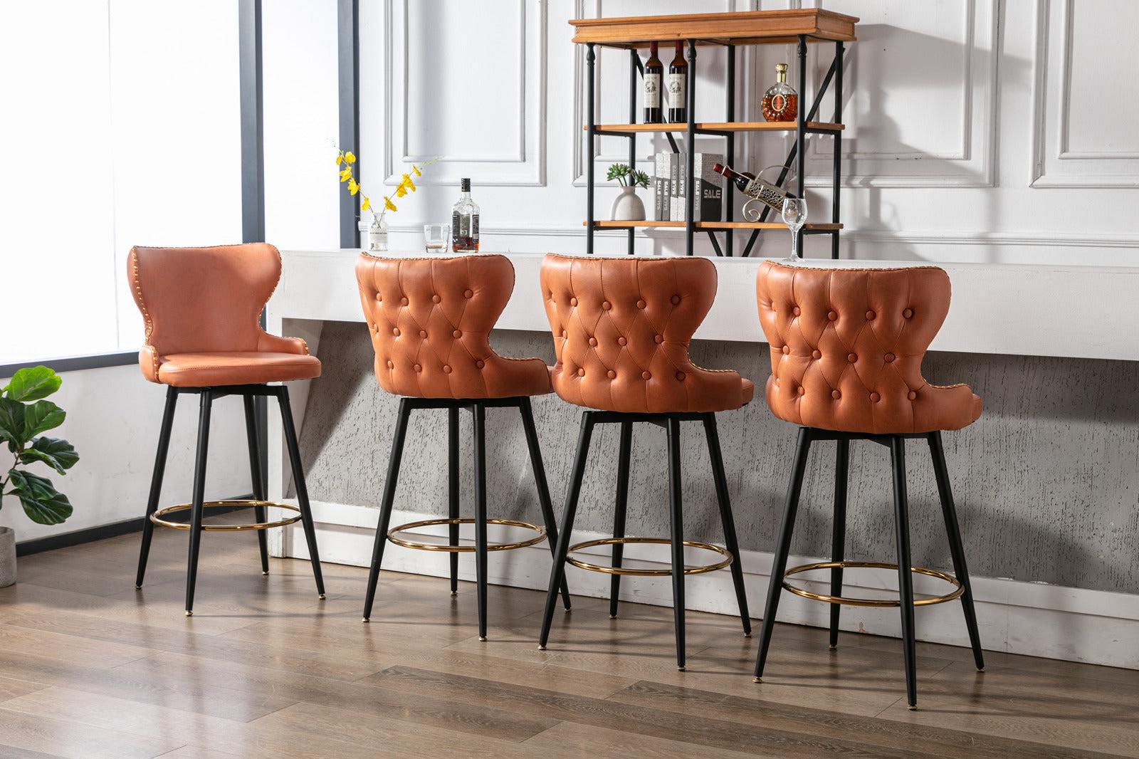 29"Modern Leathaire Fabric bar chairs,180° Swivel Bar Stool Chair for Kitchen,Tufted Gold Nailhead Trim Gold Decoration Bar Stools with Metal Legs,Set of 2 (Orange)