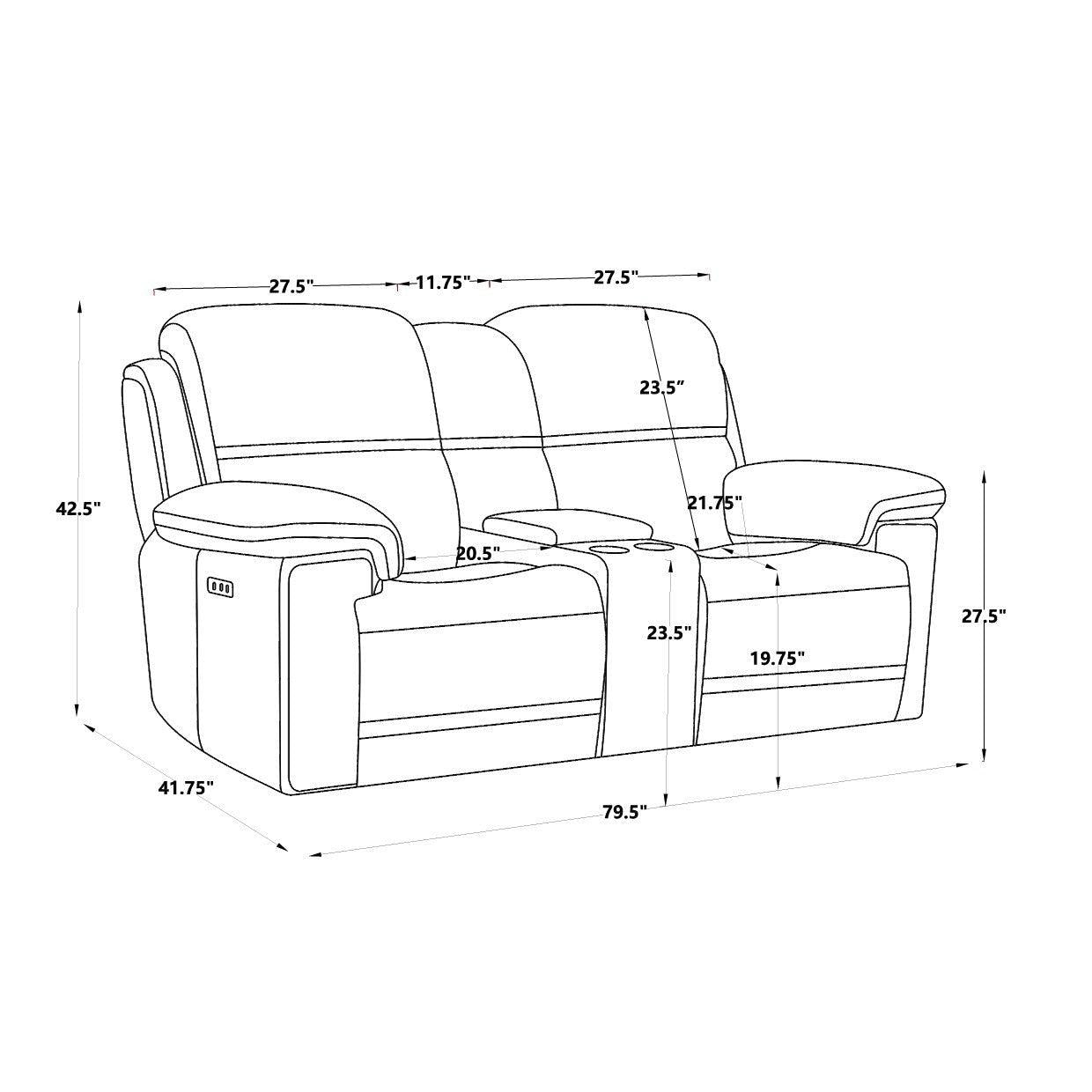 Timo Top Grain Leather Power Reclining Loveseat With Console | Adjustable Headrest |Storage | Steel Cup Holders | Cross Stitching