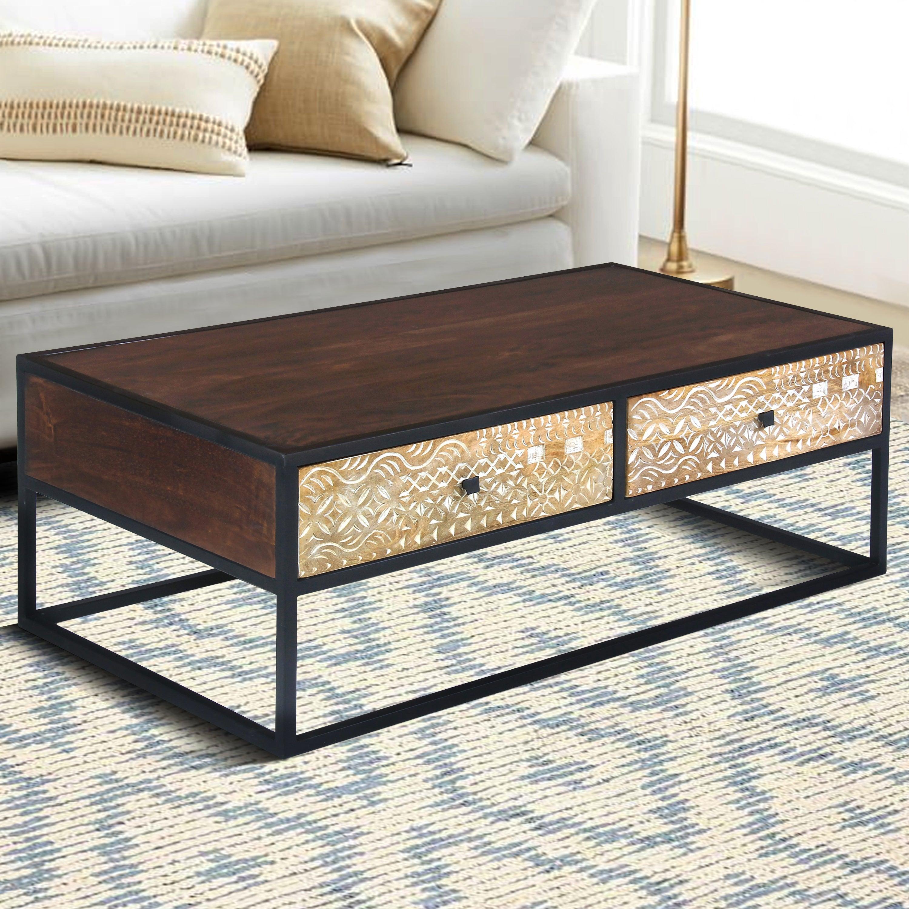 45 Inch Carson Rectangular ManWood Coffee Table with Metal Frame and 2 Drawers, Brown and Black