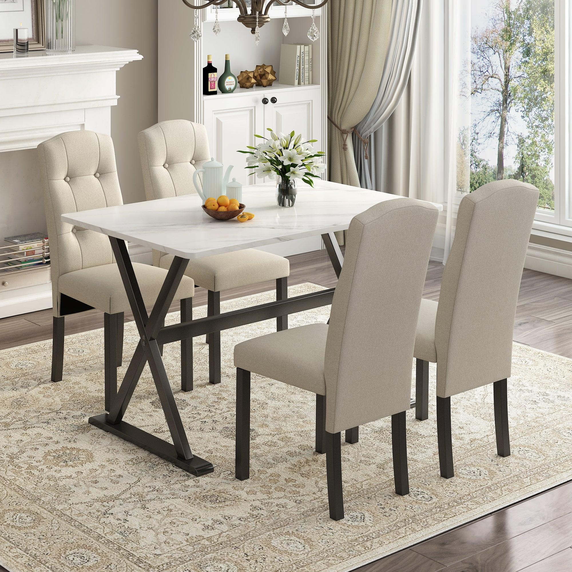 Solid Wood 5-Piece Dining Table Set with Faux Marble Tabletop and Upholstered Dining Chairs for 4, Faux Marble White+Beige image