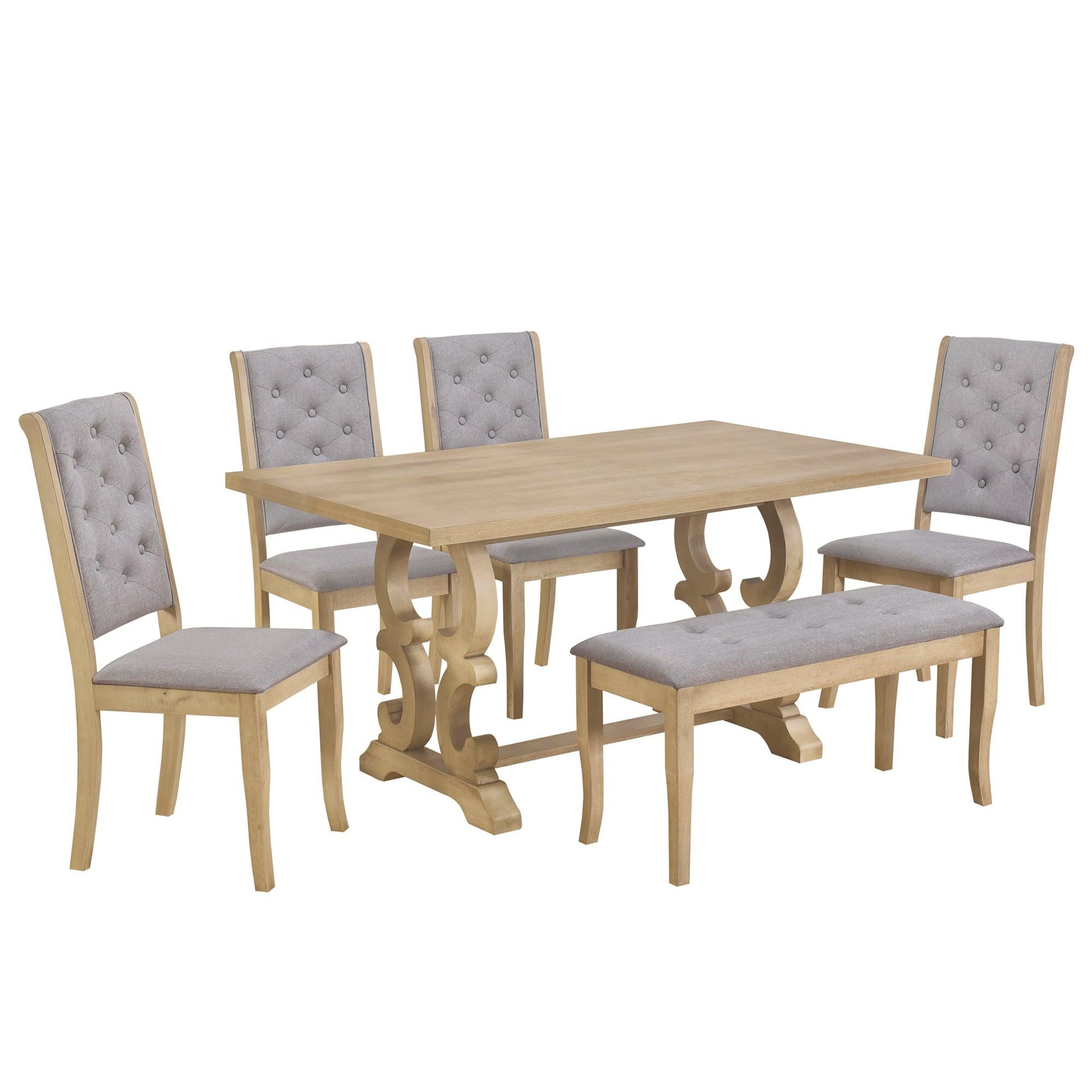 6-Piece Retro Dining Set with Unique-designed Table Legs and Foam-covered Seat Backs&Cushions for Dining Room (Grey Wash)