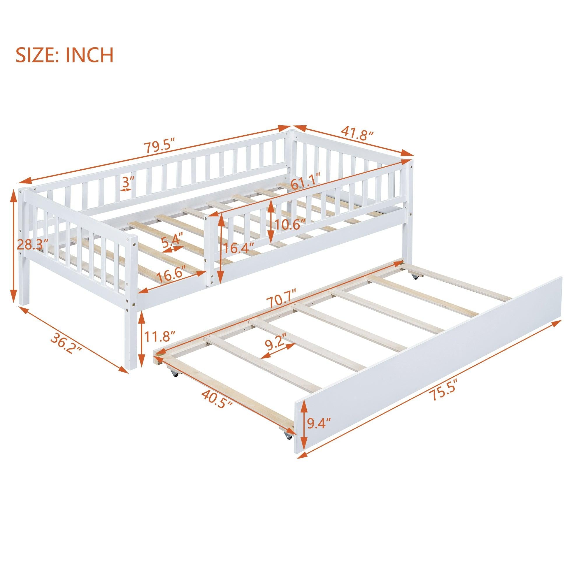 Twin Size Wood Daybed with Trundle and Fence Guardrails, White