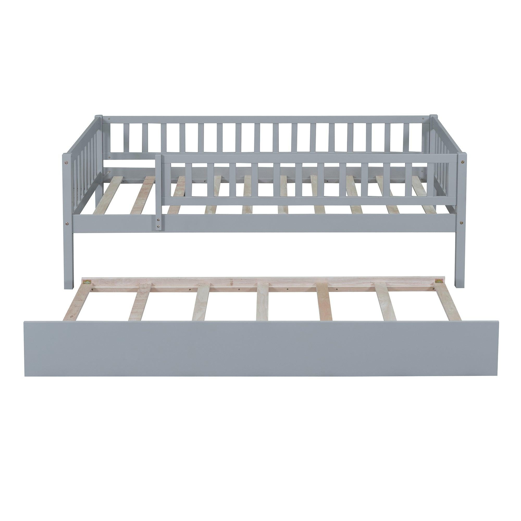 Twin Size Wood Daybed with Trundle and Fence Guardrails, Gray