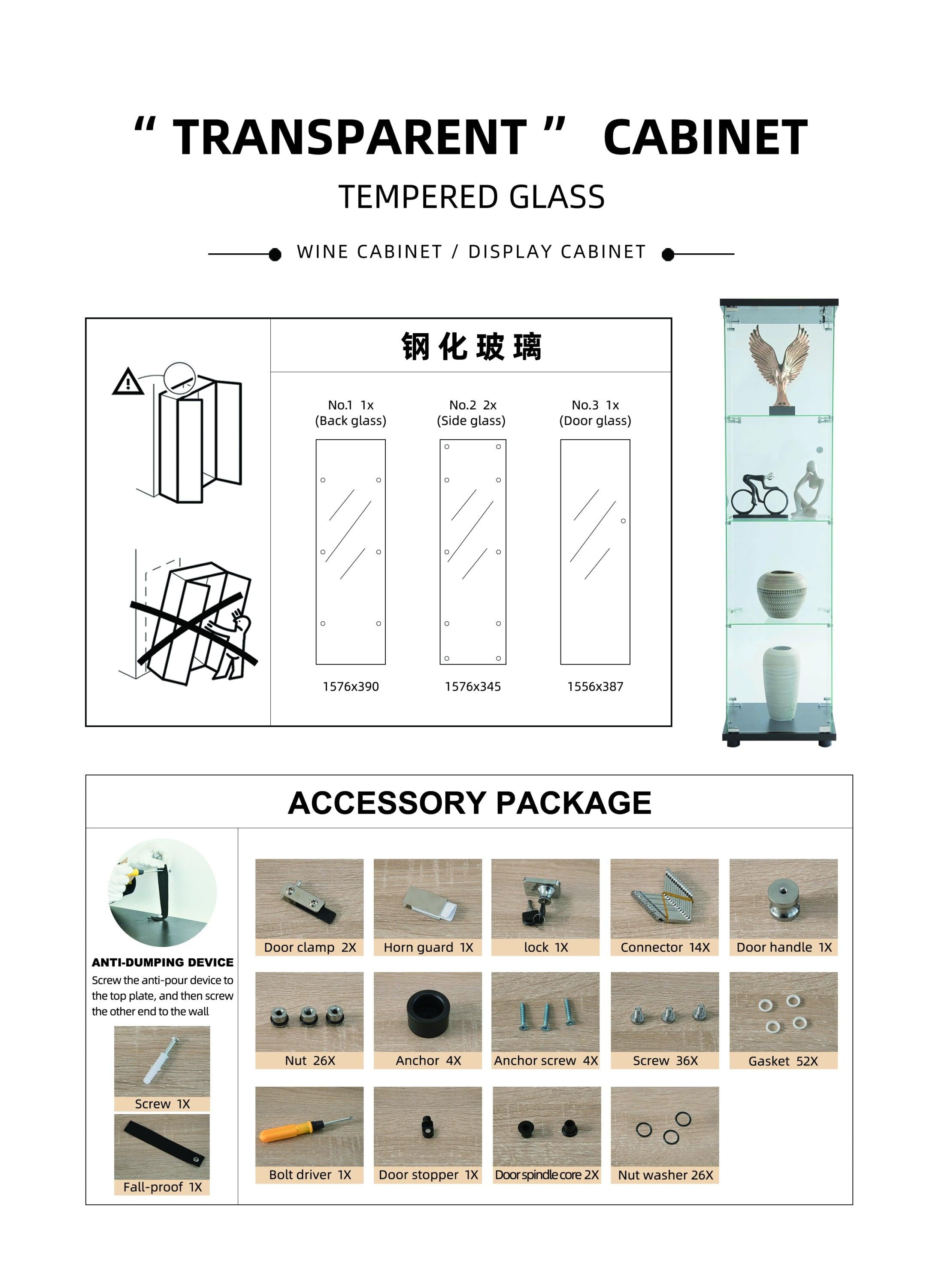 Glass Display Cabinet 4 Shelves with Door, Floor Standing Curio Bookshelf for Living Room Bedroom Office, 64.56” x 16.73”x 14.37”, White